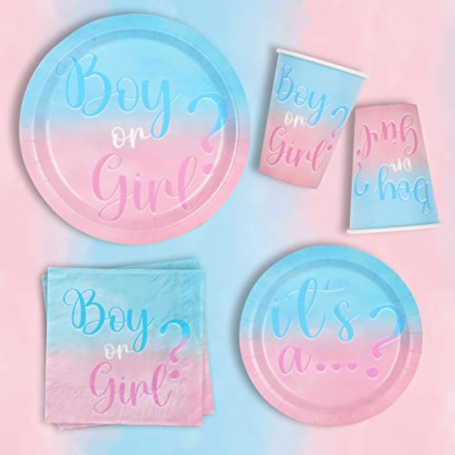 Gender Reveal Party Supplies – Boy or Girl Plates, Cups, Napkins & Tablecloth for 25 Guests