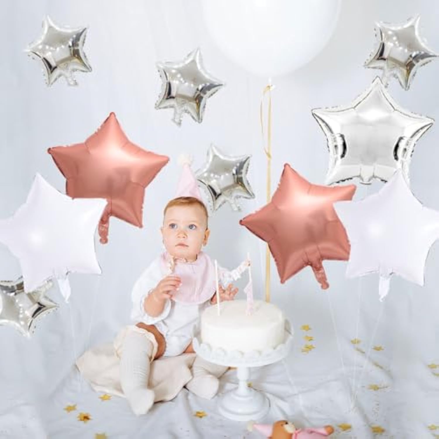 Rose Gold Star Foil Balloons, 15Pcs 18Inch White Silver Rose Gold Ball