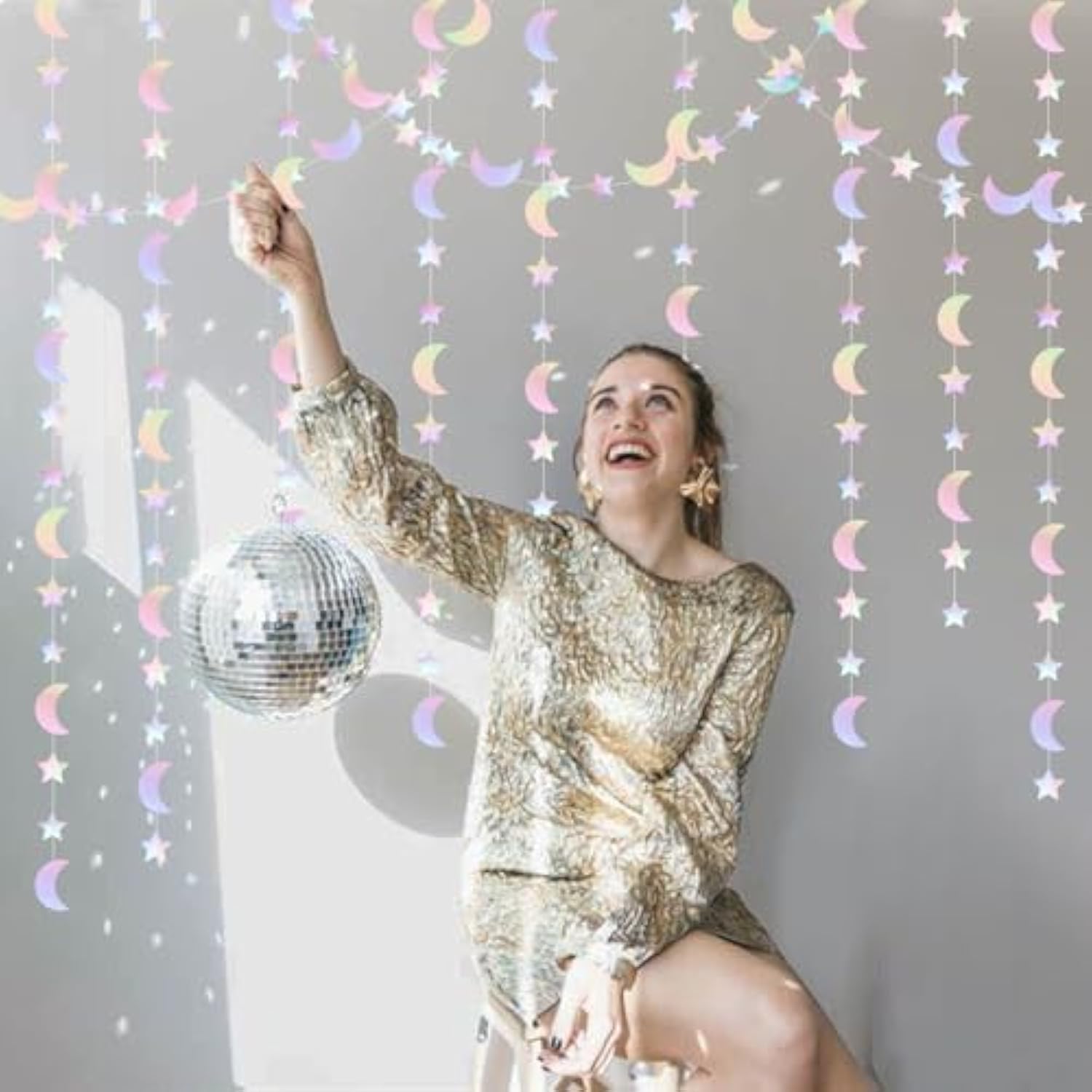 62ft Iridescent Disco Moon Star Garland Holographic Hanging Party Decor