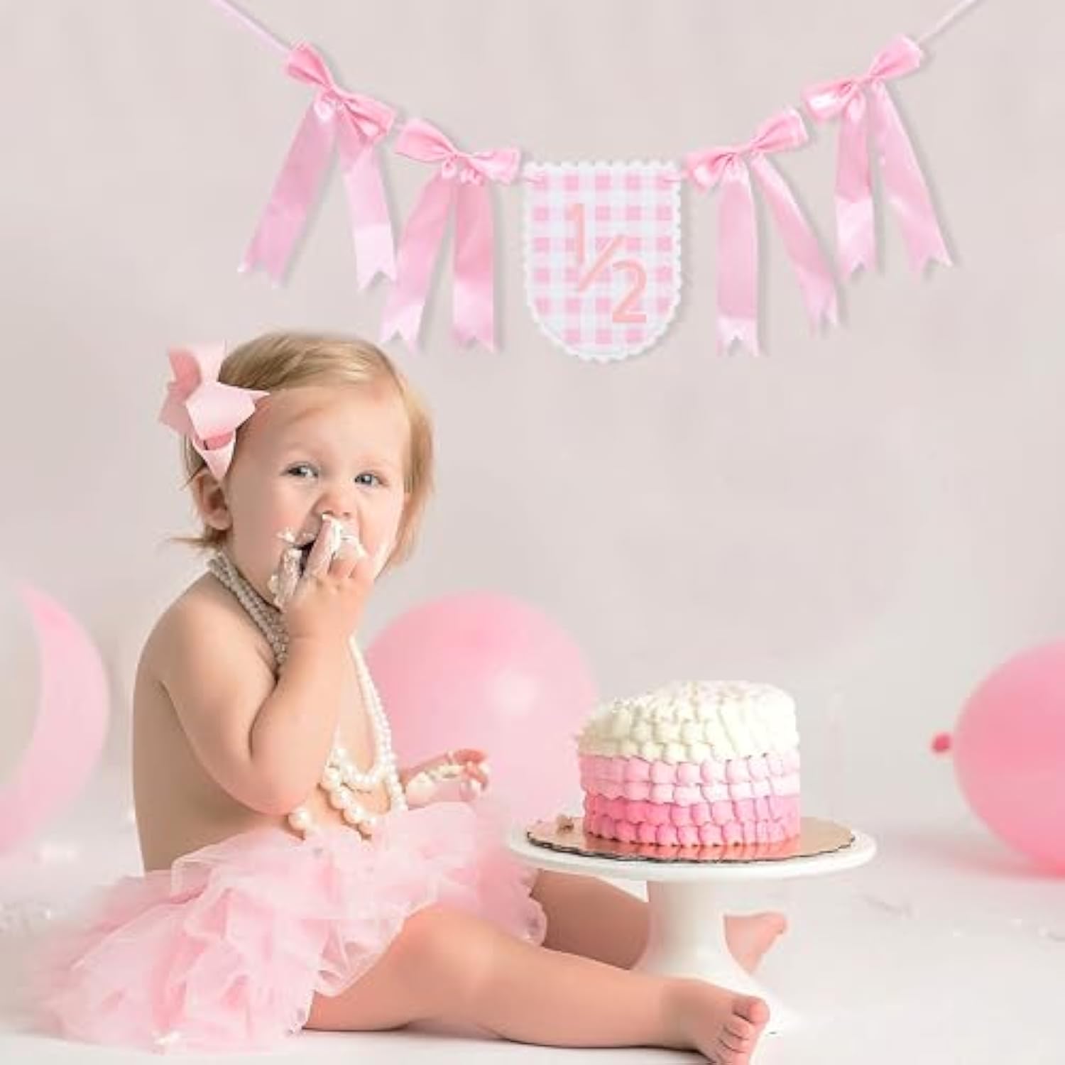 Pink Ribbon Bow 1/2 Birthday Banner - Sweet 6 Months Birthday Party Decorations,Pink White Gingham Bow Bohemian Garland,Half Way To One Cake Smash,Scalloped Banner Photo Props