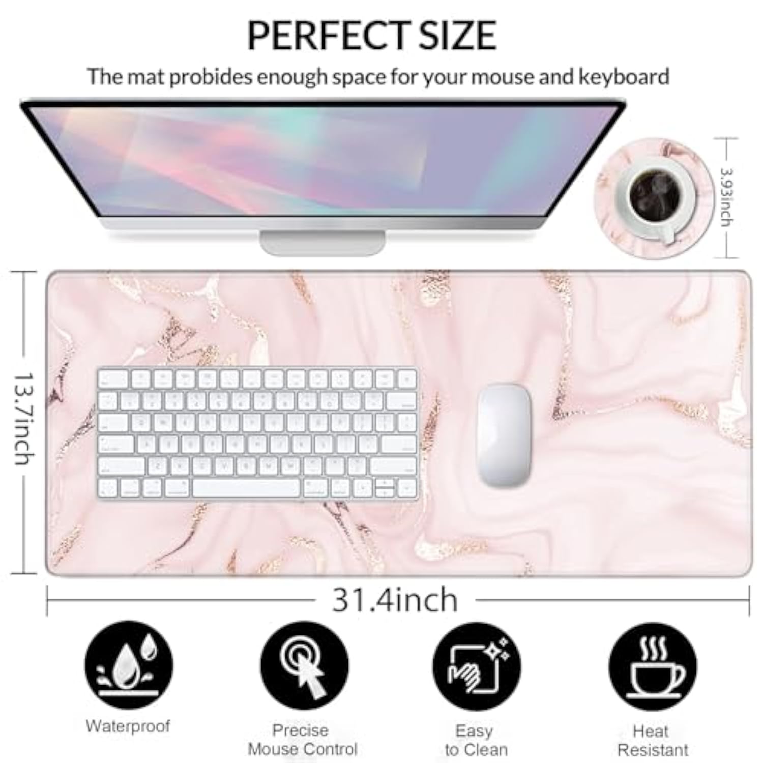 Stitched Edges Extended Mouse Pad With Cup Coaster For Computer And Keyboard?31.5 X 13.8 Inch Gaming Mouse Pad Desk Mat - Rose Gold Pink Marble