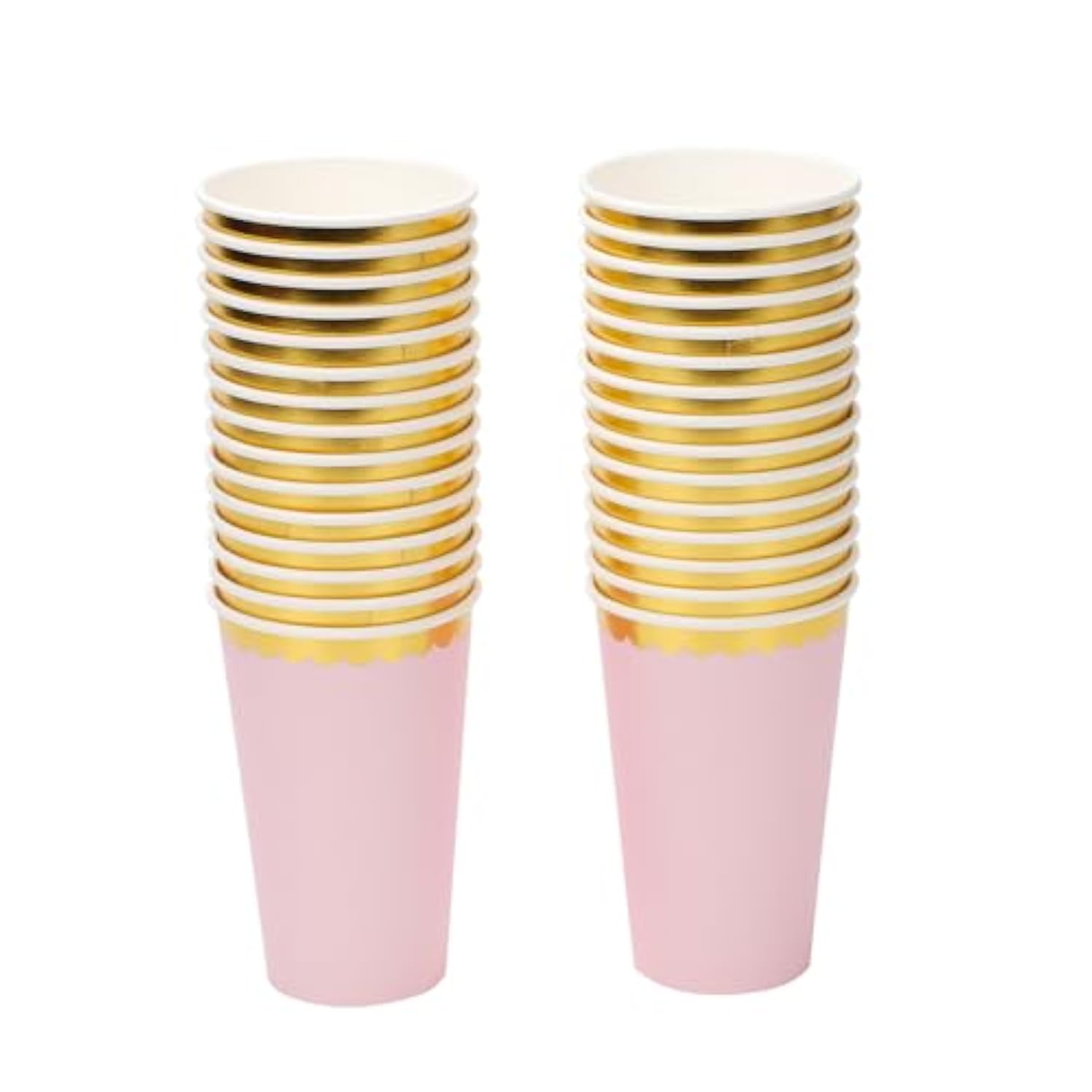16 Oz Pink Gold Paper Disposable Coffee Cups,Hot And Cold Beverage Drinking Cups With Scalloped Gold Foil Border,30 Pcs Party Paper Cups For Party,Picnic,Wedding, And Events
