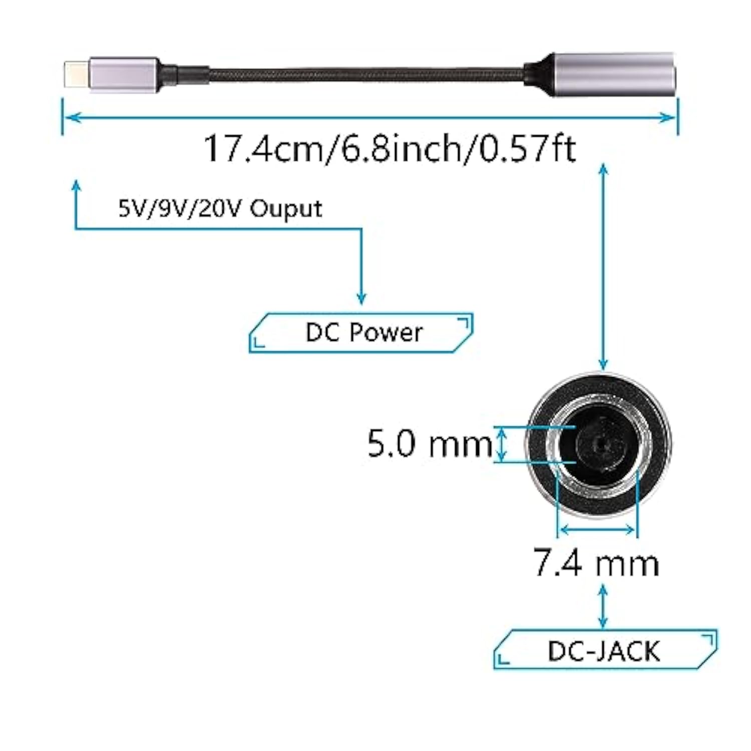 Pd 100W Dc 7.4Mm X 5.0Mm Female(7.4 X 0.6Mm) Input To Usb Type C Male Power Charging Cable, 100W Dc7450 To Type C Cable With Pd Automatic Identification Chip,For Phones,Tablets,Laptops(Blue)