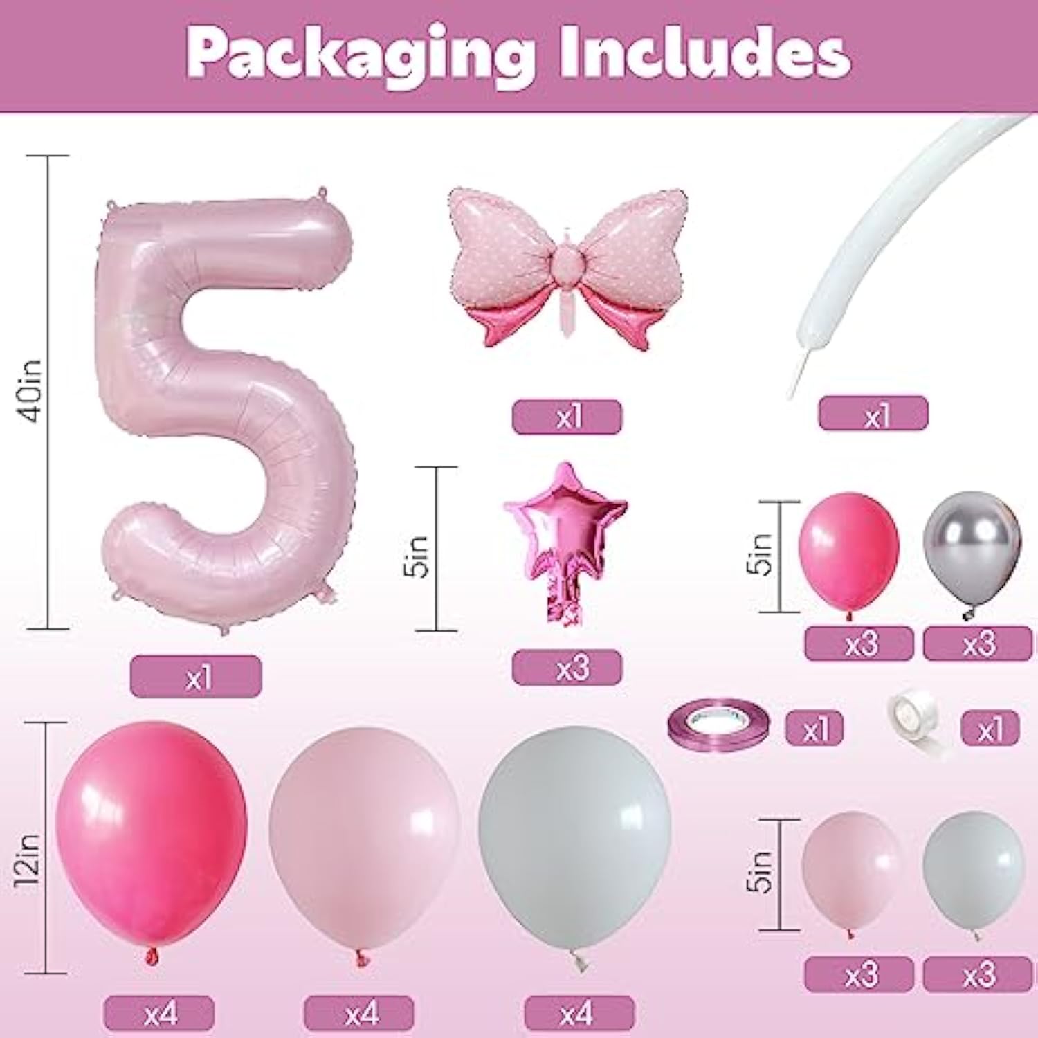 40 Inch Pink Number 5 Balloon For 5Th Birthday Decoration Pastel Baby Pink Number Five Foil Balloon Tower Giant Large Digit Hot Pink White Helium Balloons Stack Stand For Girls Anniversary Party