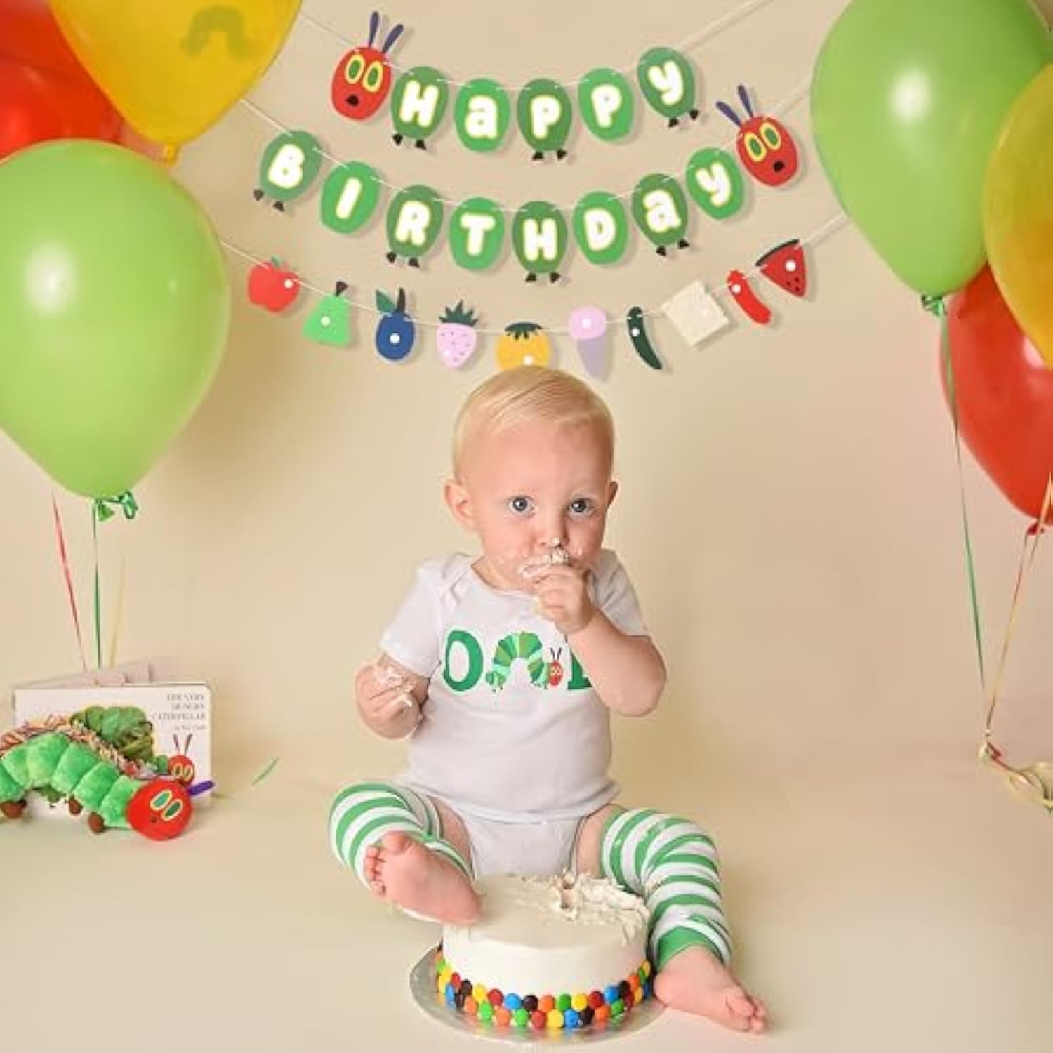 Hungry Caterpillar Birthday Banner & Decor Set – Fruit Garland and Cake Smash Props