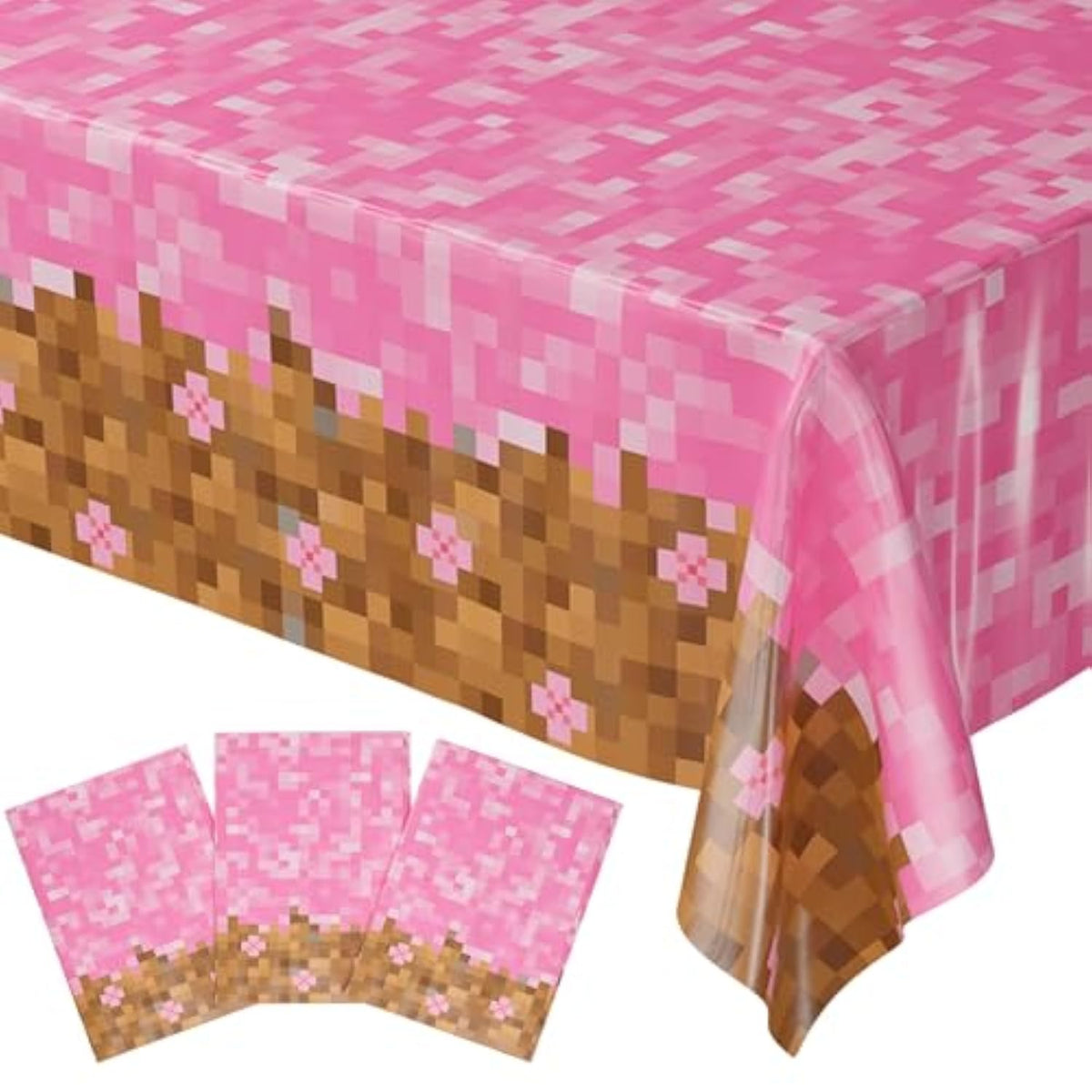 Pixel Flower Table Cover (Pack Of 3) - Girl Gamer Party Decorations, Gamer Birthday Tablecloth For Girls, Girls Birthday Party Supplies, Pixel Miner Party