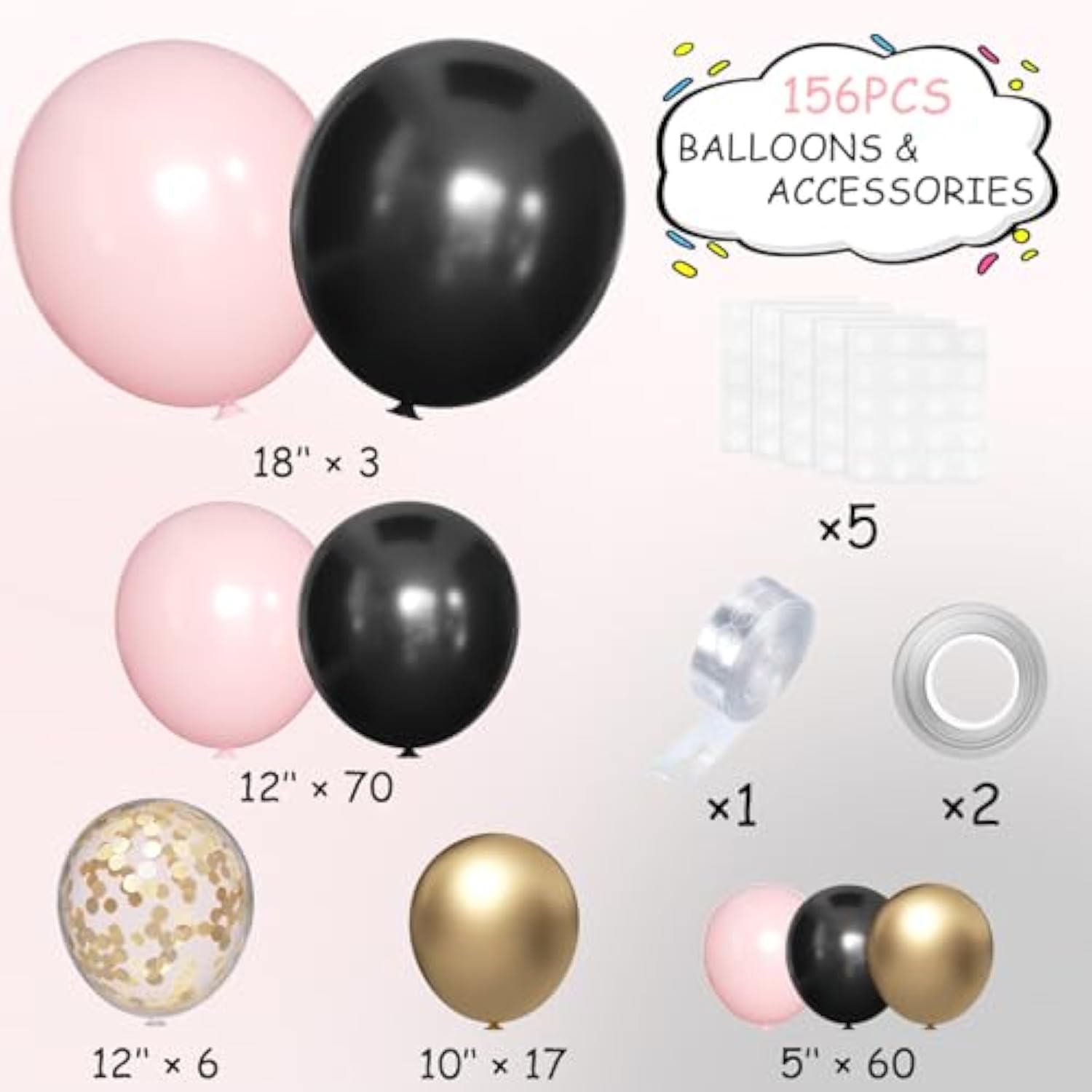 156 Pc Black, Pink, & Gold Balloon Garland Arch Kit Women/Girls Party Decor