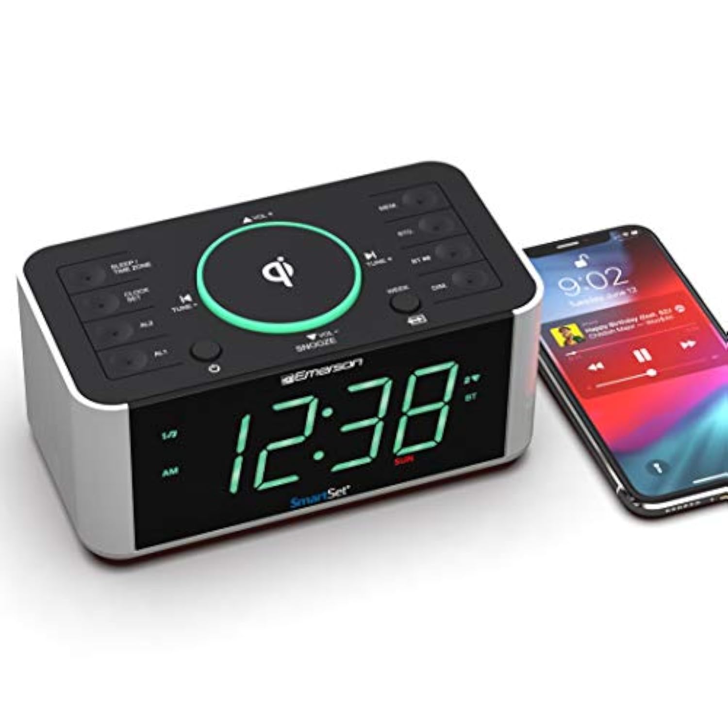 Emerson ER100202 Smartset Dual Alarm Clock Radio with USB Port and QI Wireless Phone Charger with Bluetooth, All Qi Compatible Phones