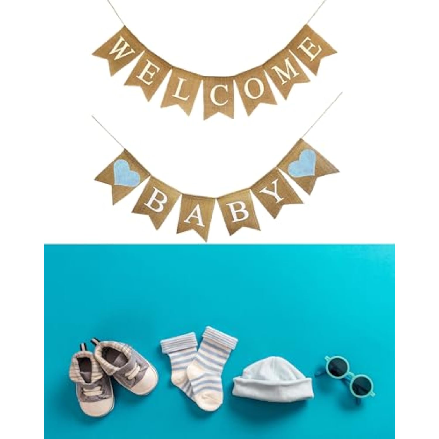 Welcome Baby Burlap Banner For Baby Shower Decorations And Gender Reveal Party (Light Blue Hearts)