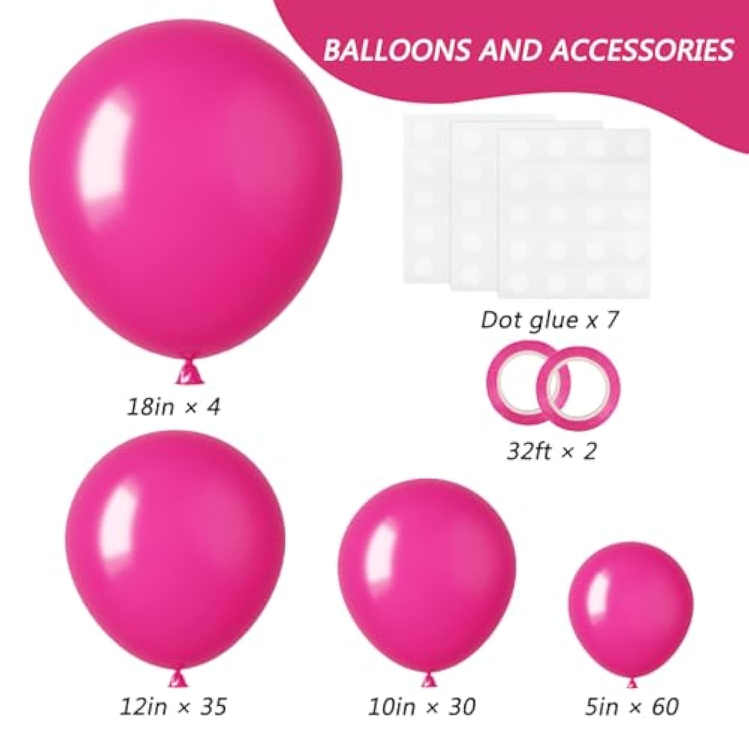 129Pcs Hot Pink Balloons Latex Balloons Different Sizes 18 12 10 5 Inc