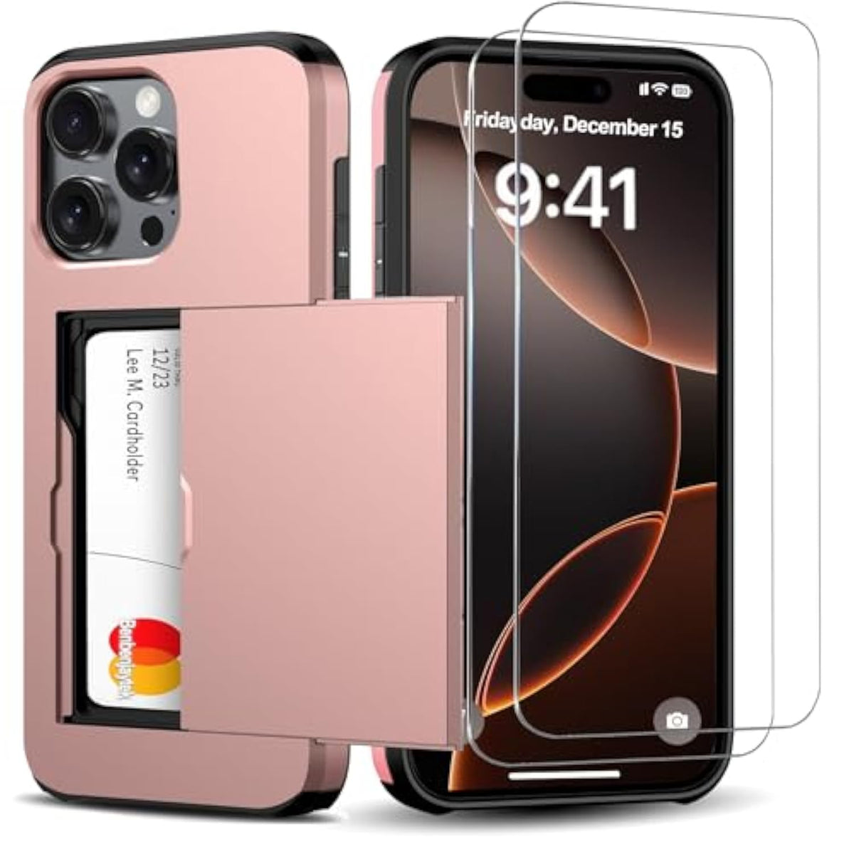 For 16 Pro Wallet Case With Card Holder + 2 Tempered Glass Screen Protector Protective Shockproof Hidden Card Slot Slim Case Women Men 16 Pro 6.3? 2024 (Rose Gold)