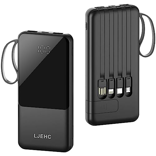 Portable Charger With Built In Cables,10000Mah Slim Usb C Power Bank,5 Output 3 Input Led Display High Speed External Battery Pack Travel Phone Charger For Iphone Samsung Pixel Lg Moto Ipad,Purple