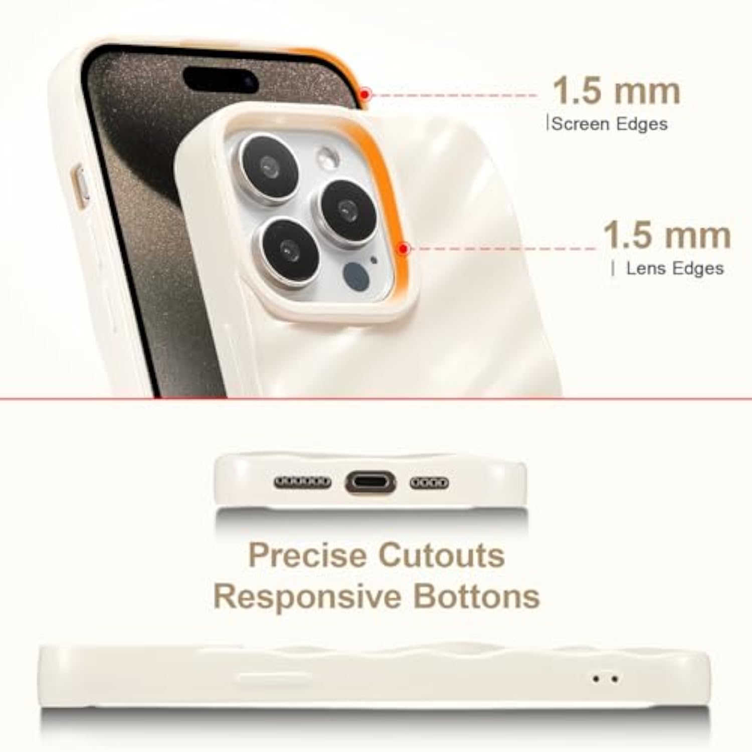 Beige Wave Water Ripple Pattern Phone Case for iPhone 15 Pro - Slim Satin Glossy Soft Silicone TPU Bumper Shockproof Protective Cover