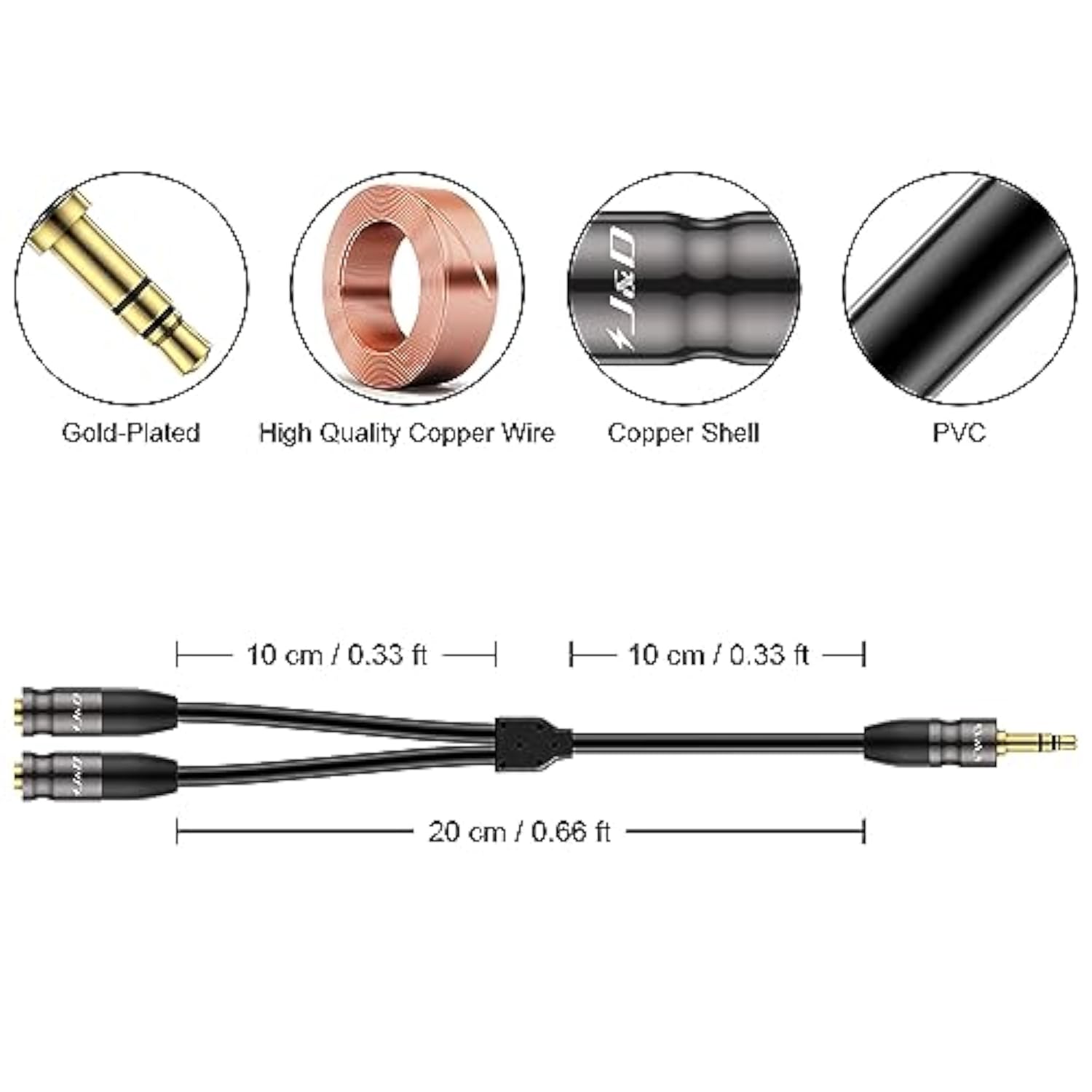 Headphone Splitter 3.5 Mm Audio Stereo Y Splitter Cable, 1/8 Inch Trs Male To Dual 1/8 Inch Trs Female Headphone Jack Adapter Aux Extension Cable For Phone/Ps4/Switch/Tablet, 0.65 Ft