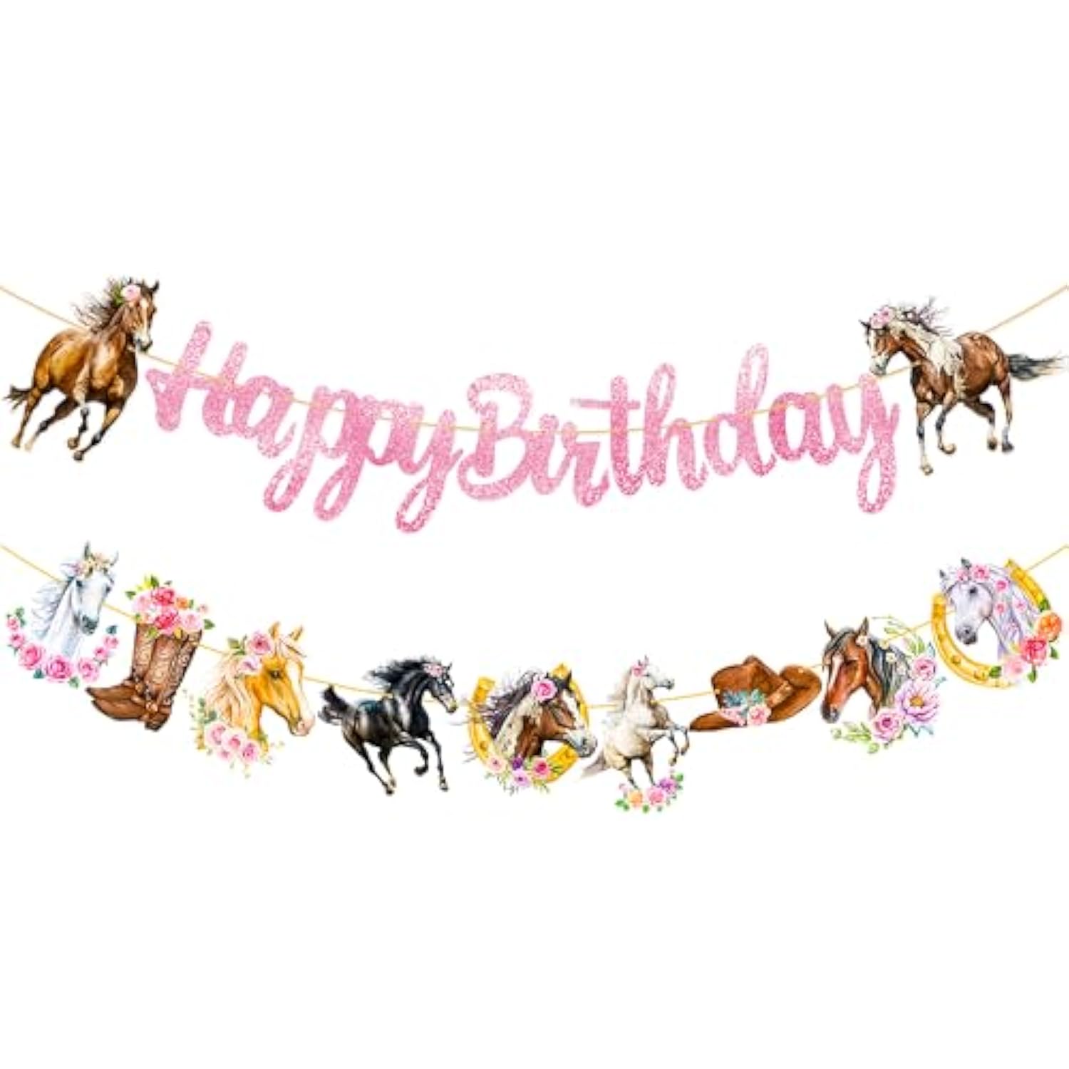 Pink Cowgirl Horse Birthday Banner 2Pcs - Western Party Decorations For Girls & Women - Double Sided, 70X19 Inches