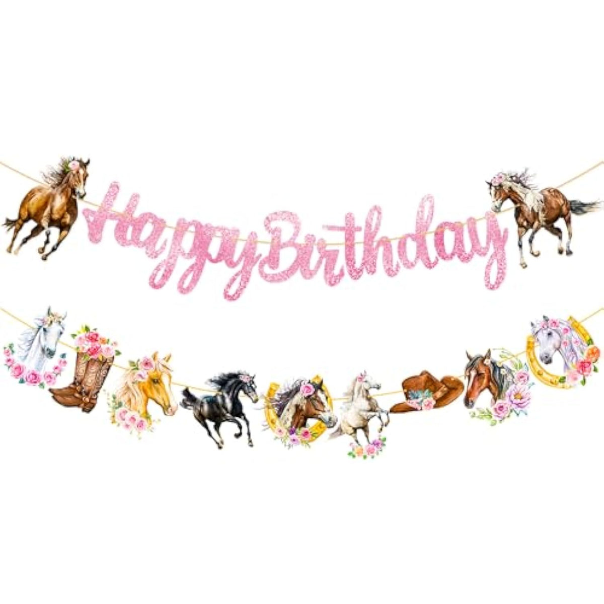 Pink Cowgirl Horse Birthday Banner 2Pcs - Western Party Decorations For Girls & Women - Double Sided, 70X19 Inches