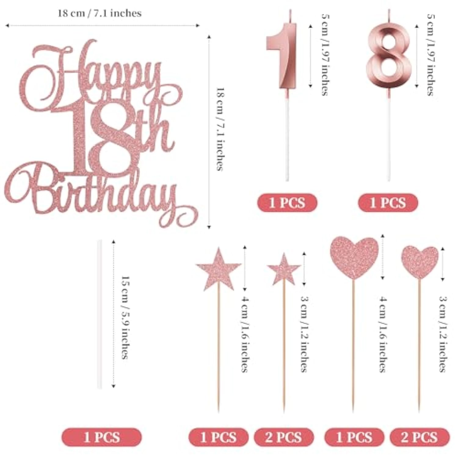 18th Birthday Cake Decorations Set with Numeral Candles & Glitter Toppers Rose Gold