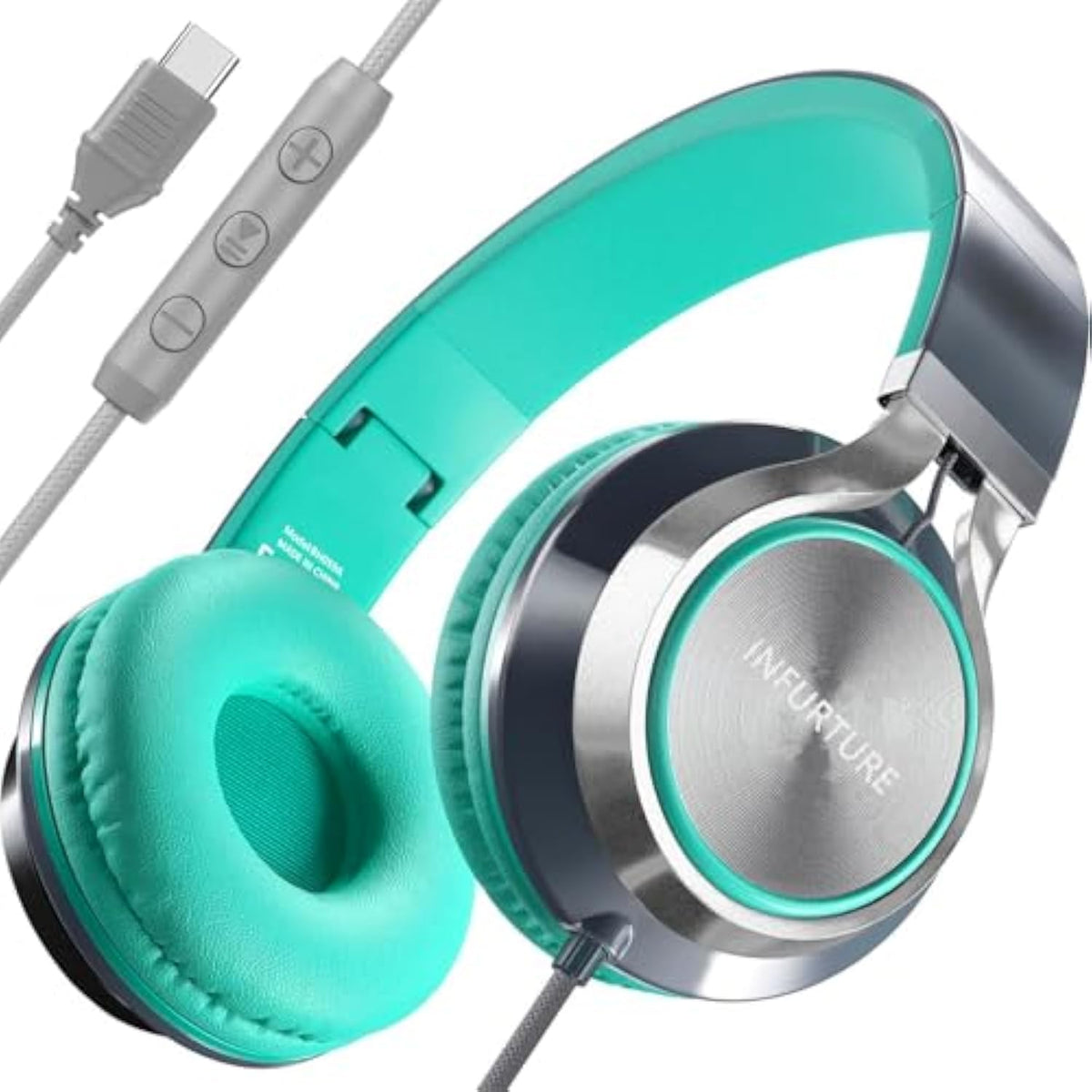 Usb C Headphones Wired With Mic & Volume Control,Tangle-Free Plaiting Line,Type C Over/On-Ear Headphones,Lightweight Foldable For Smartphone,Tablet,Iphone 16/15 Series (Green)