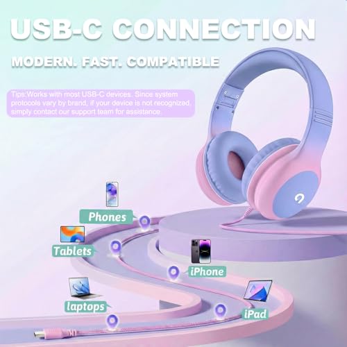 Wired Kids Headphones with USB C Plug, 85dB Safe Volume, Adjustable Headband, Tangle-Free Cord Headphones for School, Tablet, Travel (Light Purple &