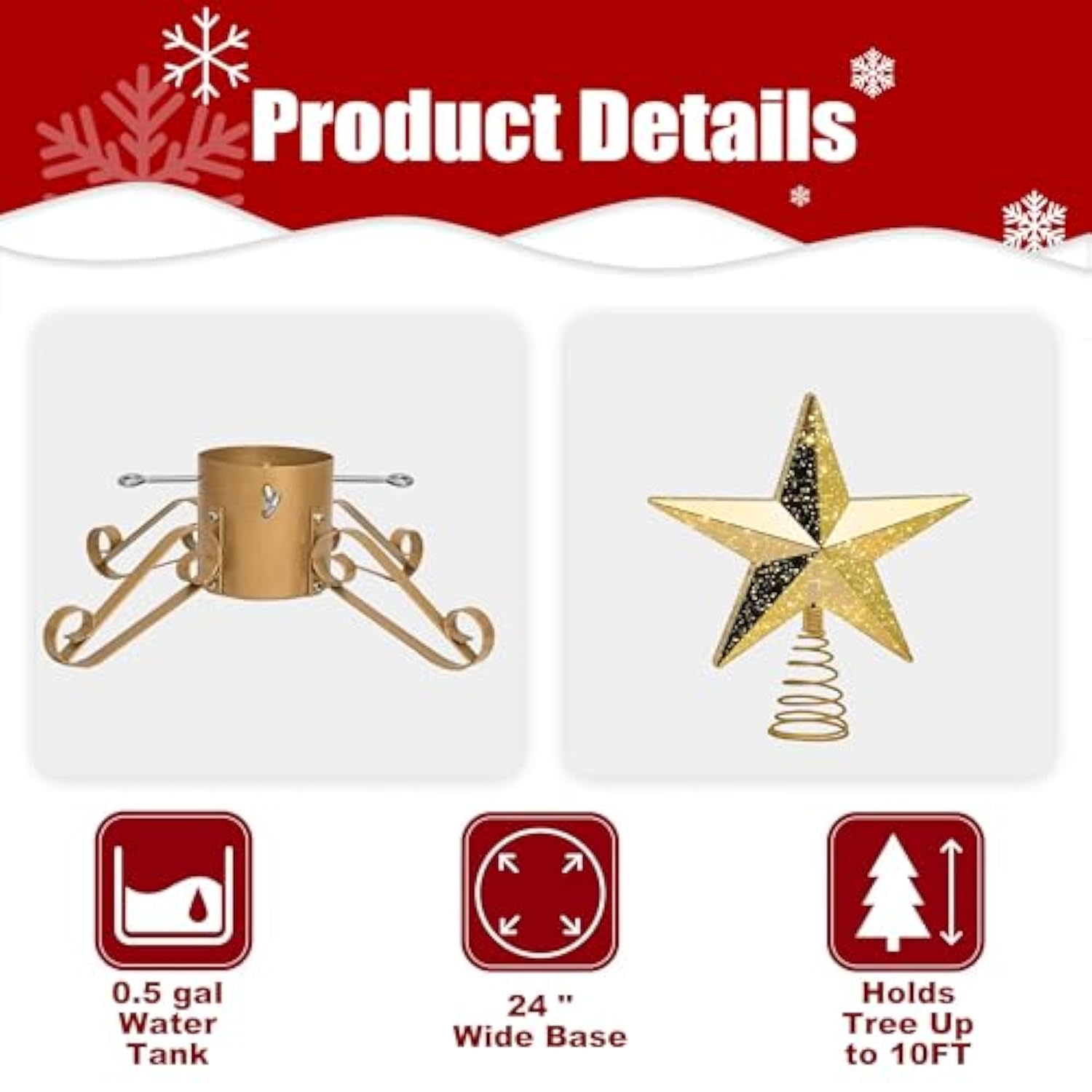 10Ft Christmas Tree Stand For Real & Artificial Trees, 24" Base Holds Up To 10 Ft Live Trees & 3D Tree Topper With Timer, 20 Clear Lights & 8 Light Modes (Gold)