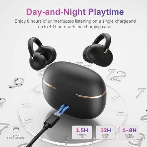 A7 Open Ear Clip-On Headphones For Glasses Wearers - Safe For Running & Streets, 4.7G Weightless Fit, 40H Battery, Bluetooth 5.4, Black