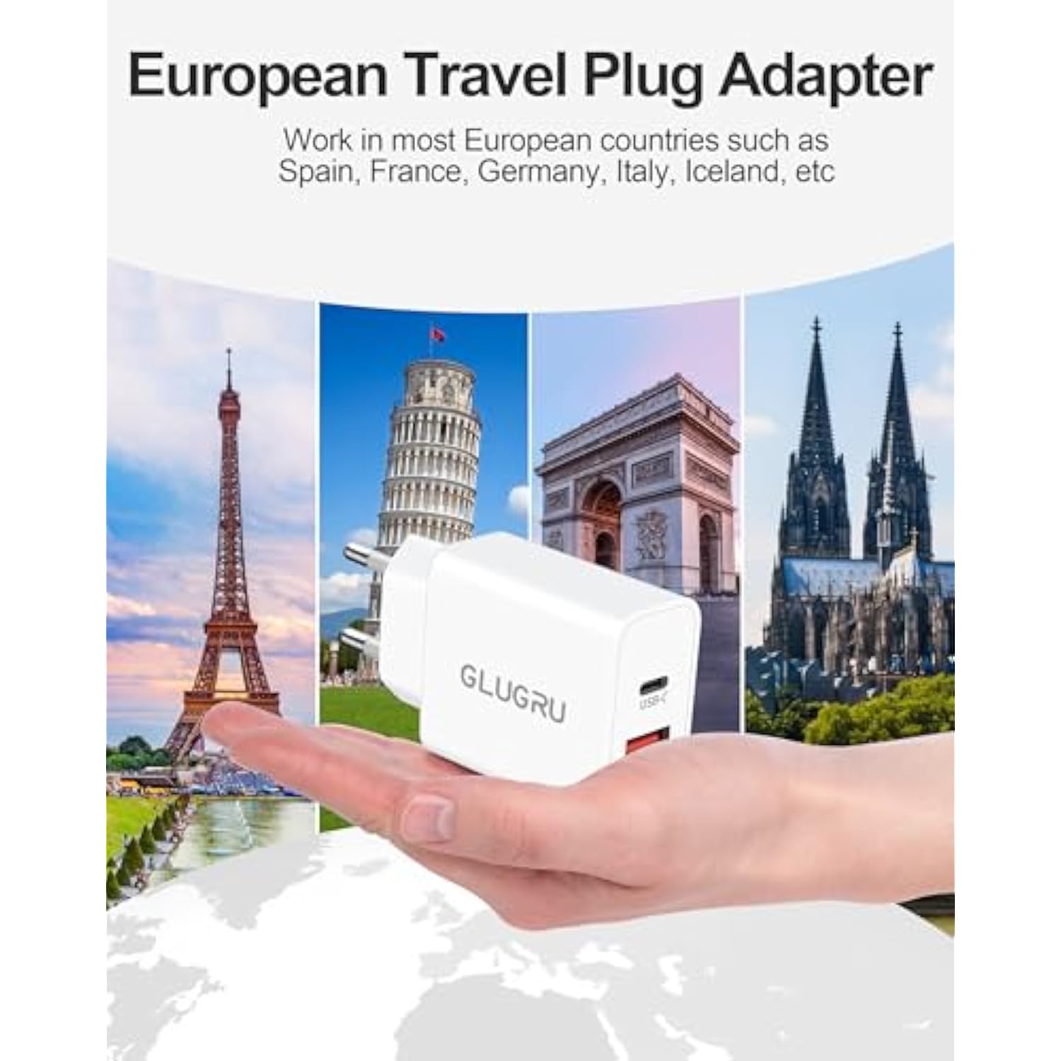 European Travel Plug Adapter, 2-Pack 20W Dual Port Usb C Wall Charger Type C Fast Charging Block International Power Adapter Us To Europe Eu For Iphone 16 15 14 13 12 11 Pro Max, Ipad, Samsung