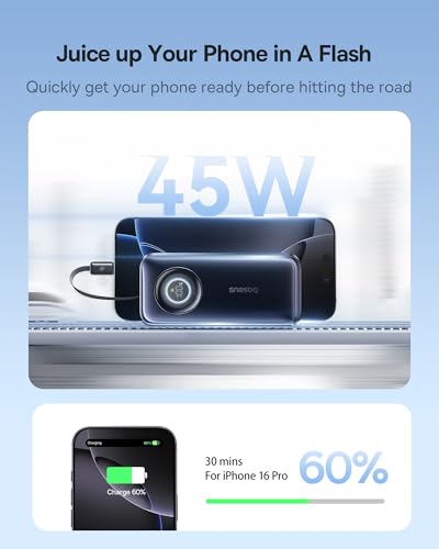 Enercore Power Bank, 10000mAh Fast Charging Portable Charger Built-in 45W Retractable USB-C Cable, Battery Pack for iPhone 16/15 Series, ,