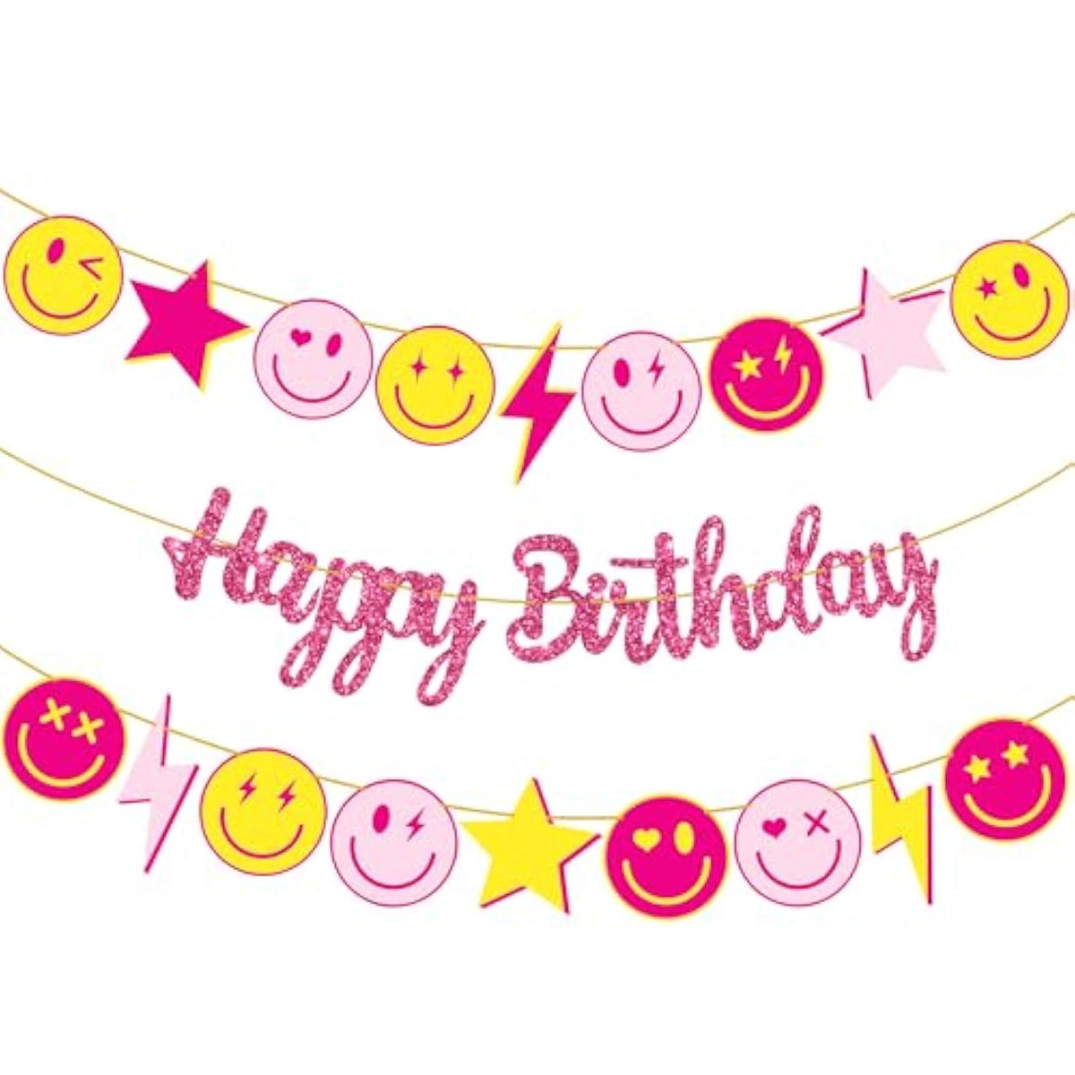 Preppy Birthday Party Decoration Rose Red Happy Birthday Banner Pink Yellow Smile Face Lightning Star Design Banners For Preppy Theme Birthday Party Bachelorette Party Supplies