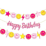 Preppy Birthday Party Decoration Rose Red Happy Birthday Banner Pink Yellow Smile Face Lightning Star Design Banners For Preppy Theme Birthday Party Bachelorette Party Supplies