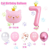 Pink Cat Number 7 Balloon with Crown for Girls 7th Birthday Party Decor