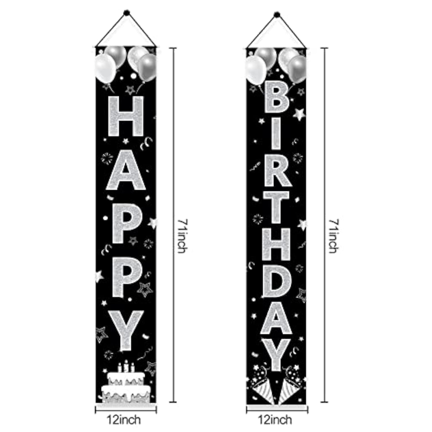Black Silver Happy Birthday Party Supplies, Porch Sign & Backdrop Decor For Men Women, 16Th To 90Th Birthdays