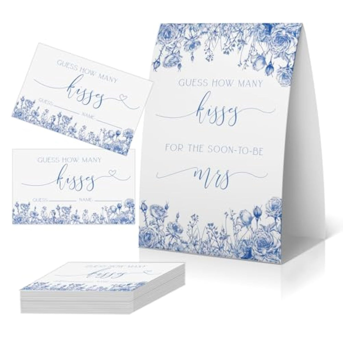 How Many Kisses Bridal Shower Game (1 Sign + 50 Cards), Blue Floral Bridal Shower Games, Something Blue Before I Do Decorations, Bachelorette Guessing Game, Kisses In The Jar Sign -Ghmk07
