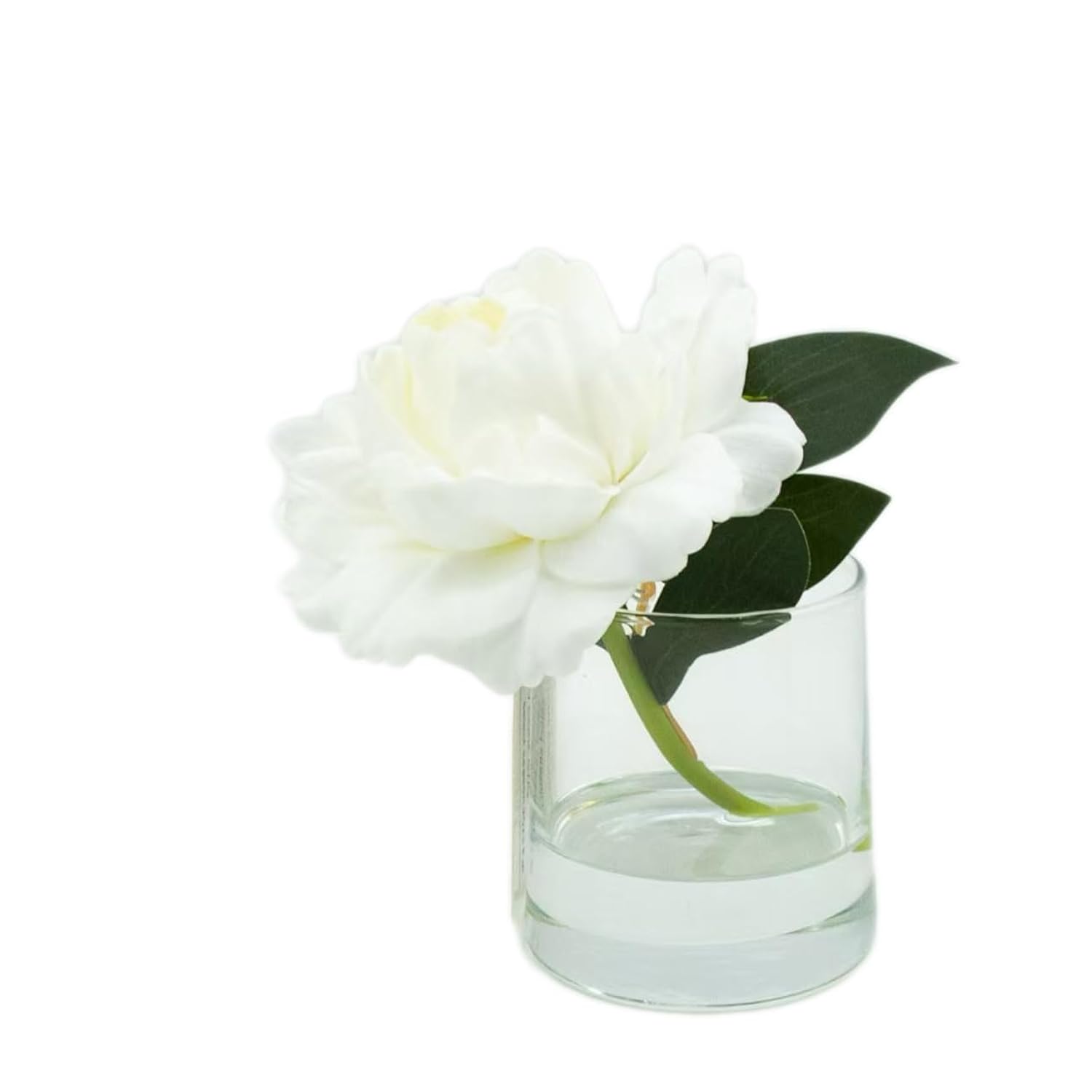 Artificial Peony Flowers 1-Pack White In Glass Vase With Faux Water - Real Touch Faux Flowers For Home Decor, Table Centerpieces