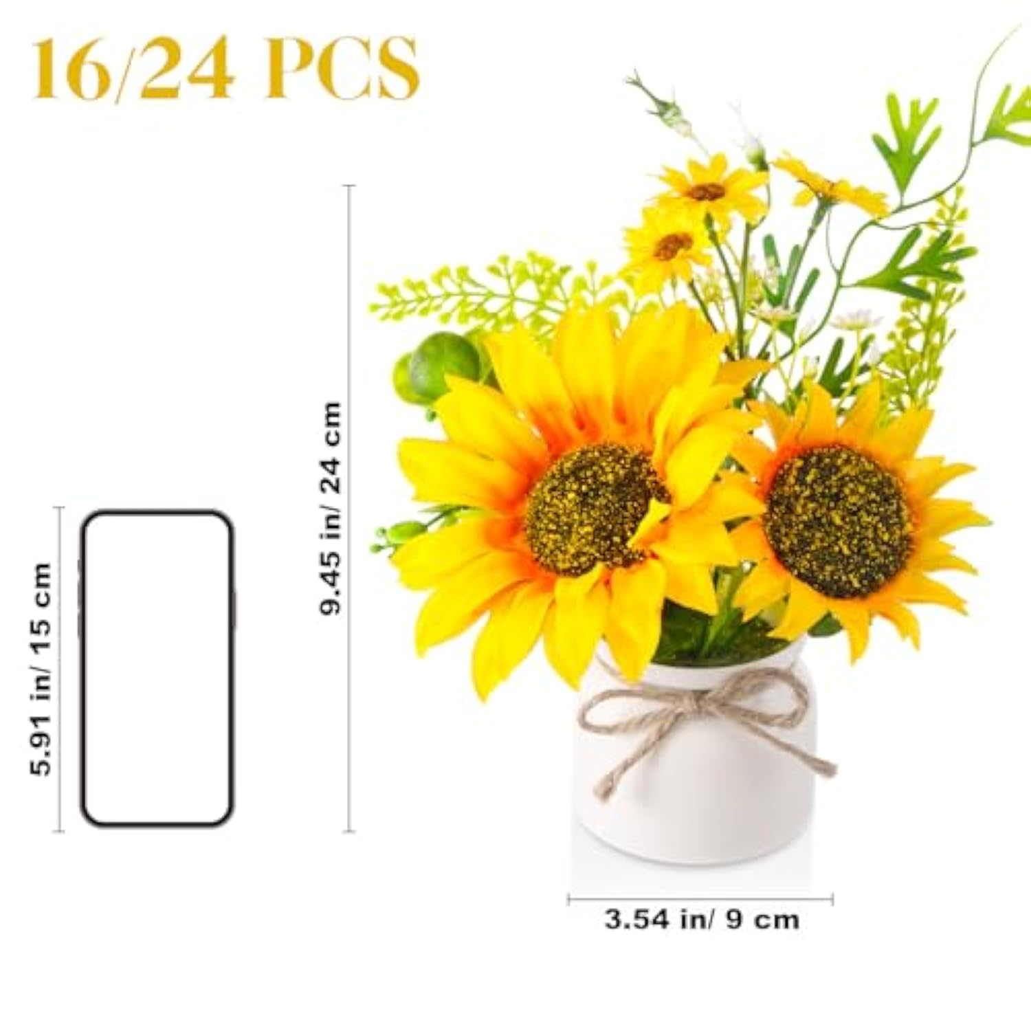 16 Pcs Artificial Sunflower Potted Plants Rustic Silk Sunflowers For Kitchen Spring Centerpieces For Tables Yellow Fake Flower With Plastic Pot For Summer Bathroom Wedding Office (White)