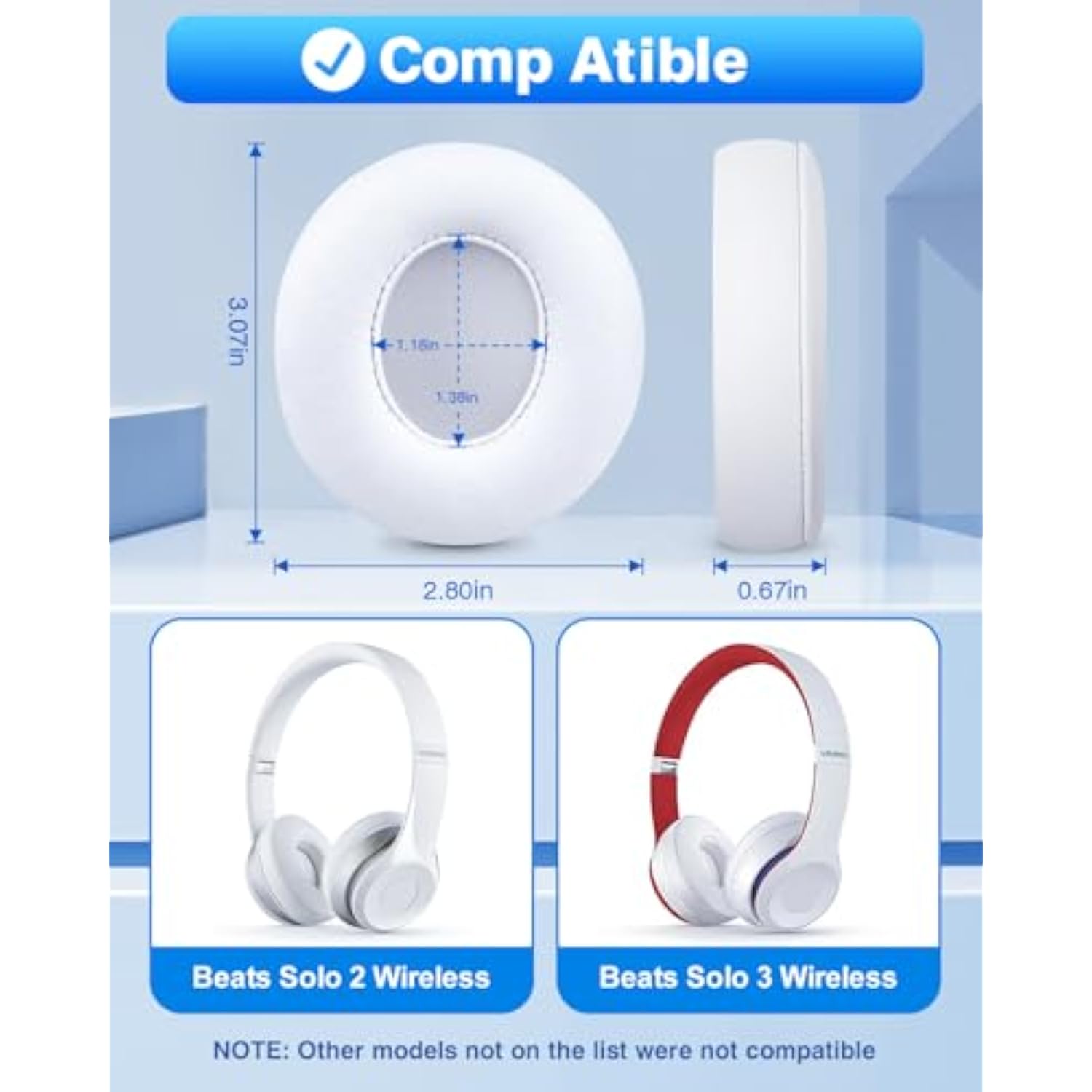 Replacement Memory Foam Ear Pads for Beats Solo 2 & 3 Wireless Headphones White