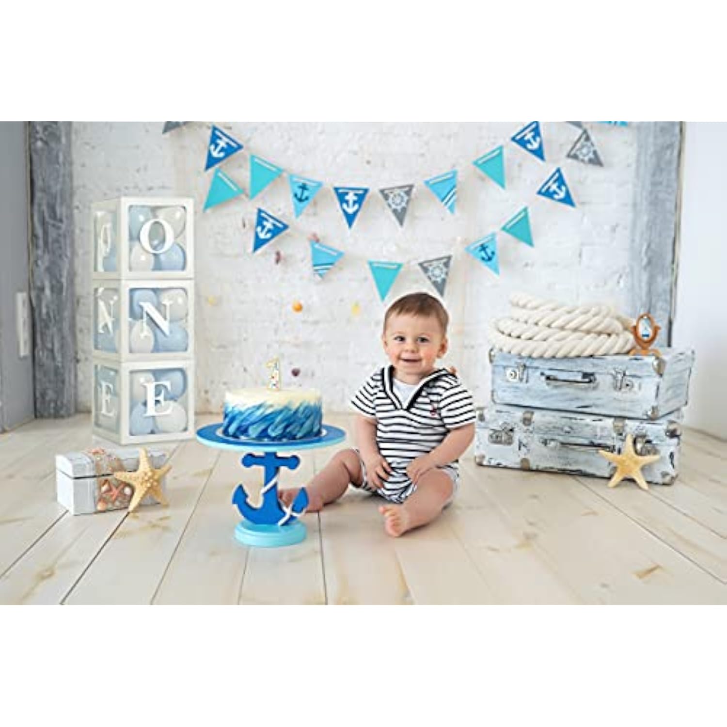 Baby Boy First Birthday Party Decorations 'One' Letters Individual Three White Transparent Square Boxes With 24 Balloons Decor For 1 Year Old Baby Birthday Party Decor Backdrop Favors
