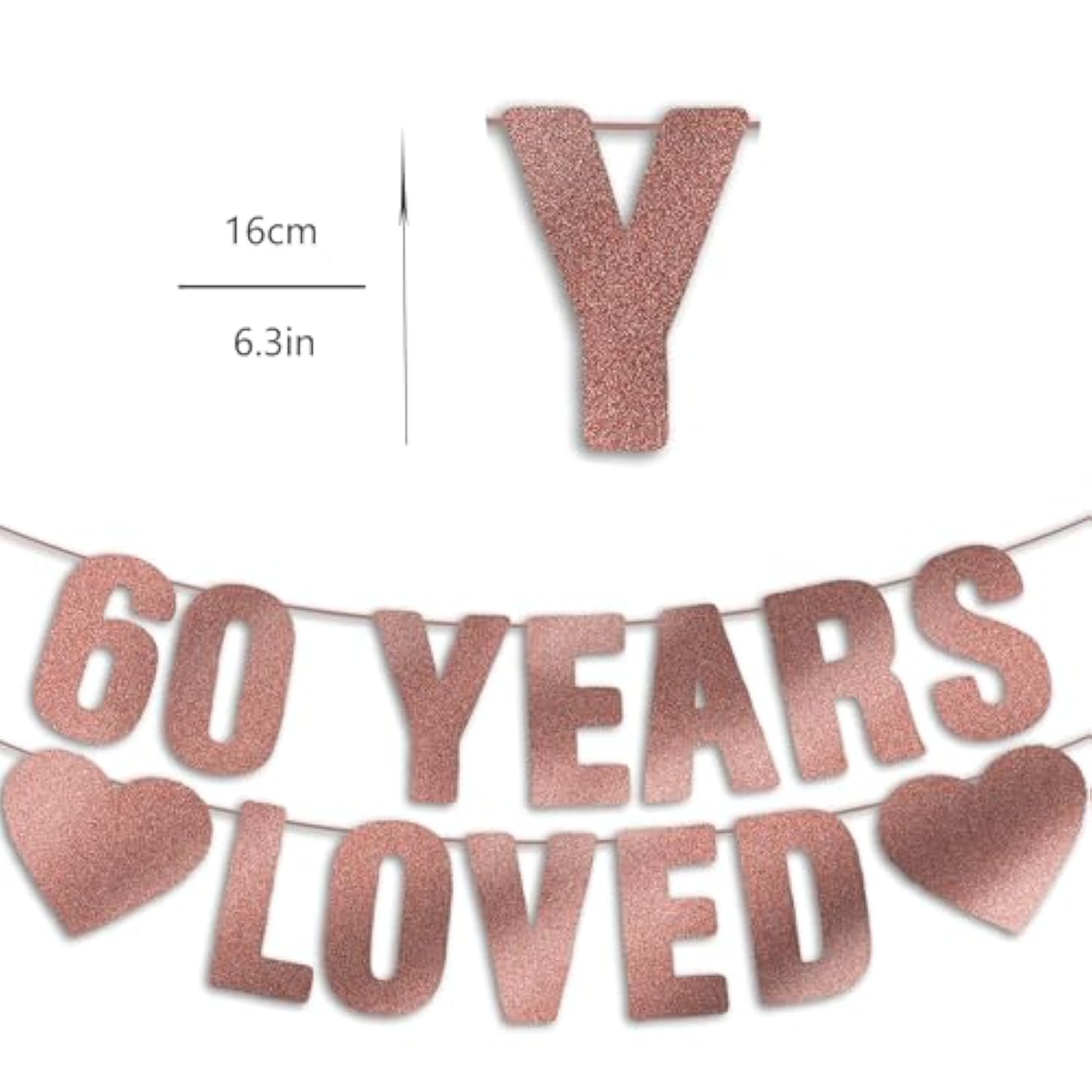 Pre-Strung Rose Gold 60 Years Loved Banner, 60th Birthday Decorations for Women