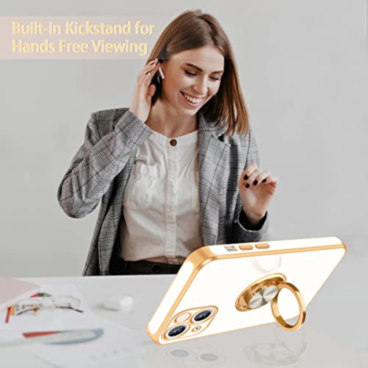 For Iphone 13 Case,For Iphone 13 Case With Ring Stand[360° Rotatable Ring Holder Magnetic Kickstand][Shiny Plating Gold Edge] Slim Soft Tpu Shockproof Protective Cover Case For Women Men,White