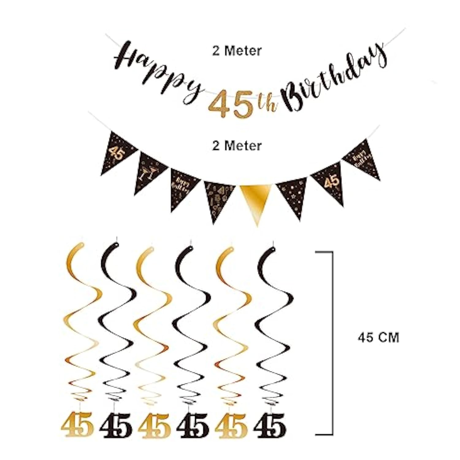 45Th Birthday Decoration Kit Happy 45Th Banner Swirls Streamers Black Gold