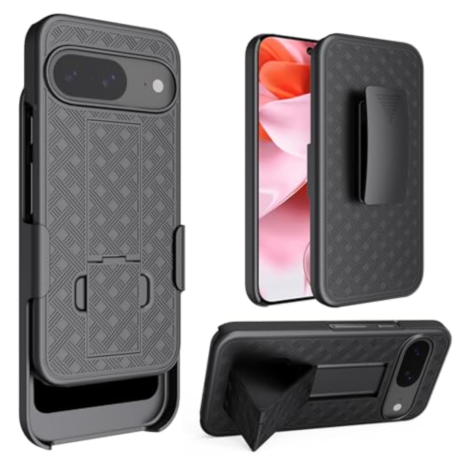 Google Pixel 9 Case Holster, Belt Clip, Kickstand, Full Body Armor, Black, 2024