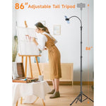 Phone Tripod, 86" Tall Tripod For With Flexible Gooseneck & Remote, Portable Aluminum Cellphone Stand For Selfies, Video Recording,Travel, Compatible With Android
