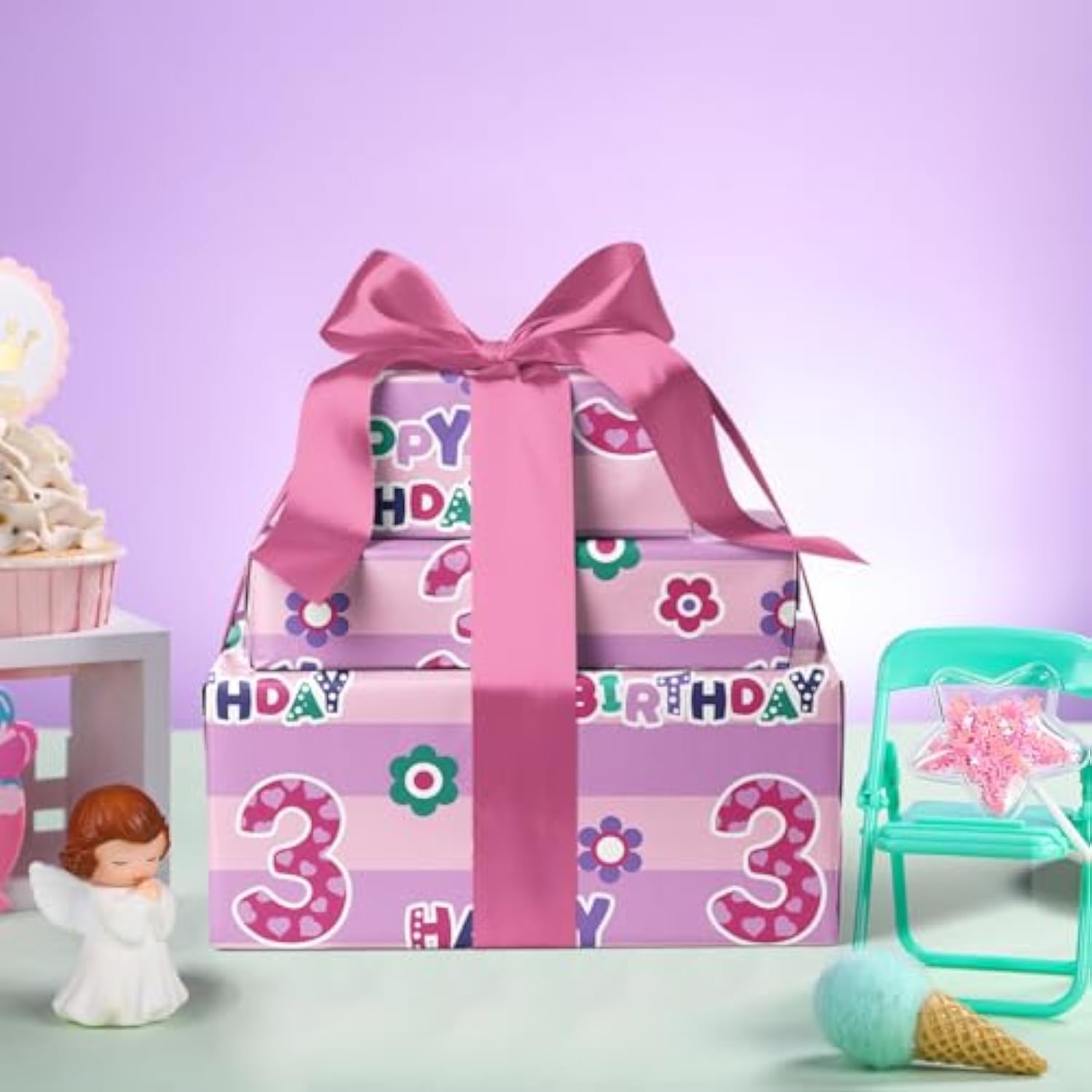 3Rd Birthday Wrapping Paper - Pink Happy Birthday With Floral Design, 6 Sheets, 19.7 X 27.5 Inch Each