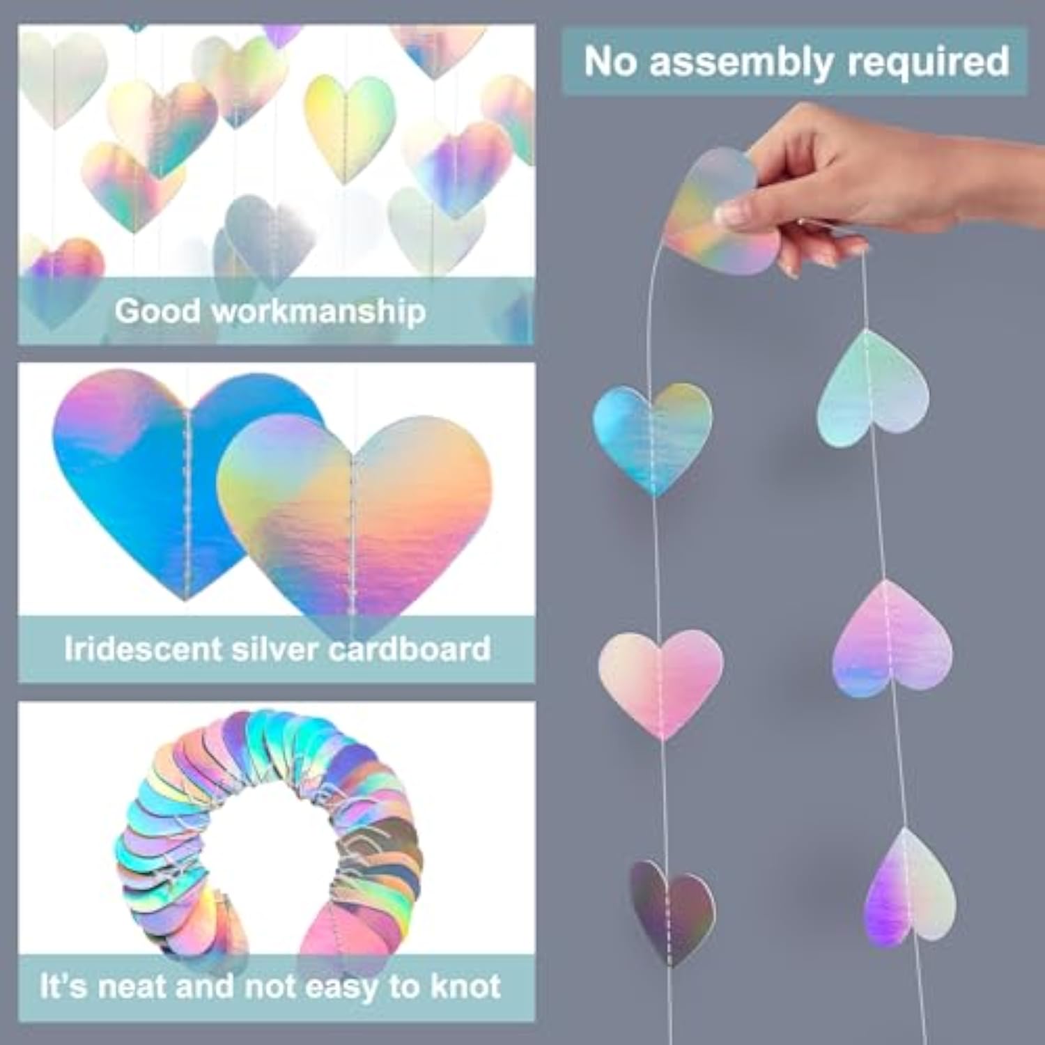 52 Feet Love-Heart Garland Shiny Iridescent Heart Streamers Holographic Paper Garland For Valentines Day Birthday Wedding Engagement Bridal Shower Bachelorette Winter Christmas Decoration
