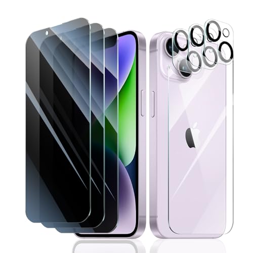 3+3+1-Pack, Privacy Screen Protector and Camera Lens Protector for iPhone 14 Plus with Back Tempered Glass Film, Anti-Spy, Dark Private Black