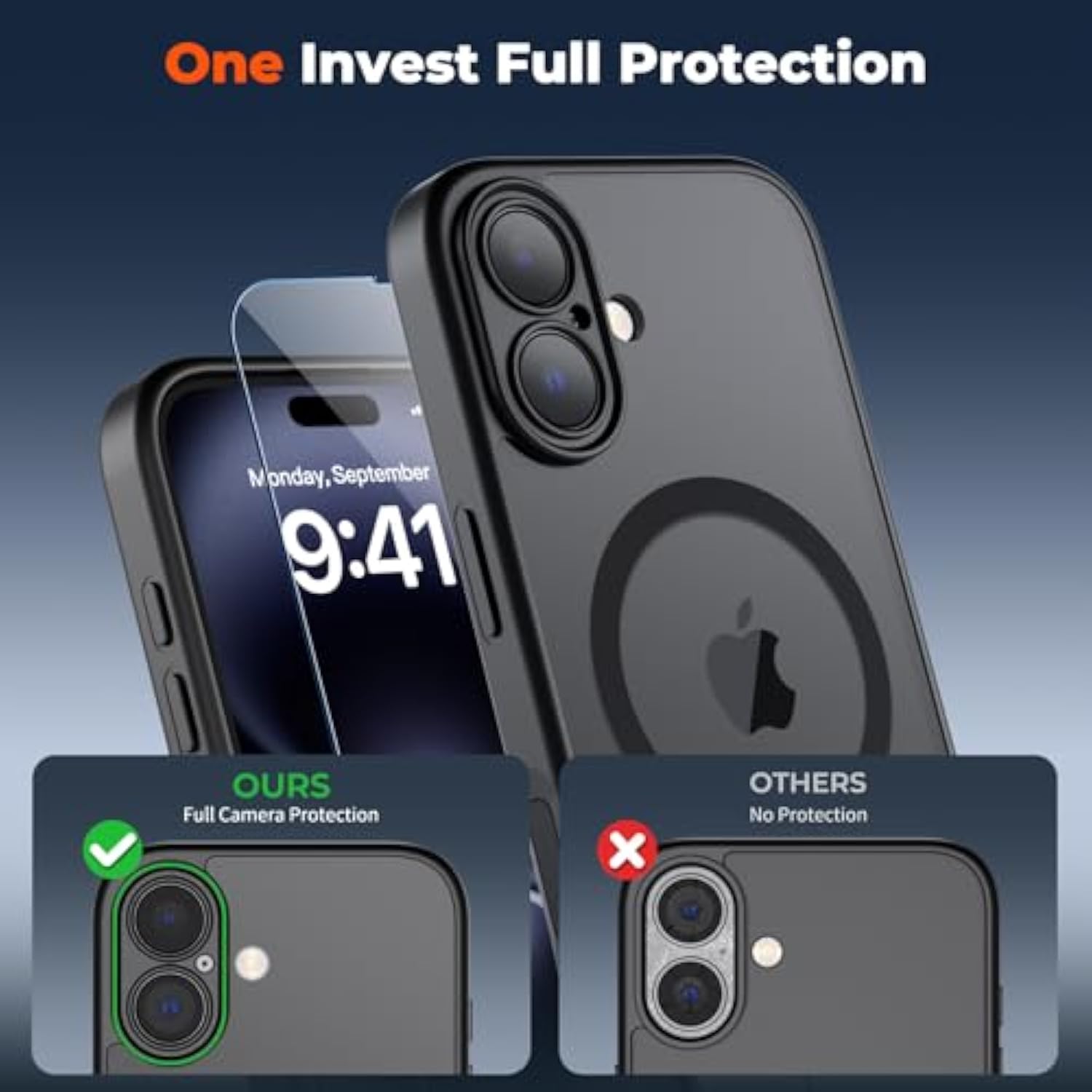 Magnetic For Iphone 16 Case With Camera Control Button,[Full Camera Protection][1+Tempered Glass Screen Protector] Slim Translucent Matte Shockproof Phone Cover,Black