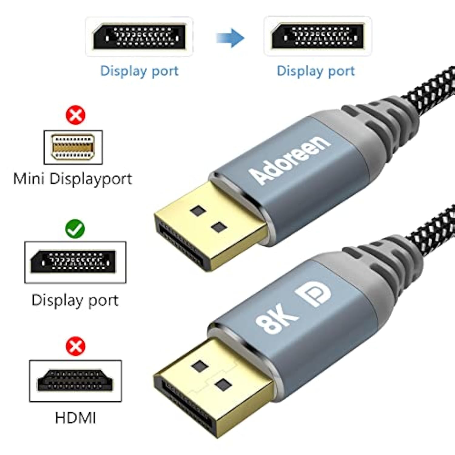 8K Displayport 1.4 Cable 8 Feet/2 Pack, Dp Cord(From 1.5-30Ft)8K@60Hz 4K@144Hz