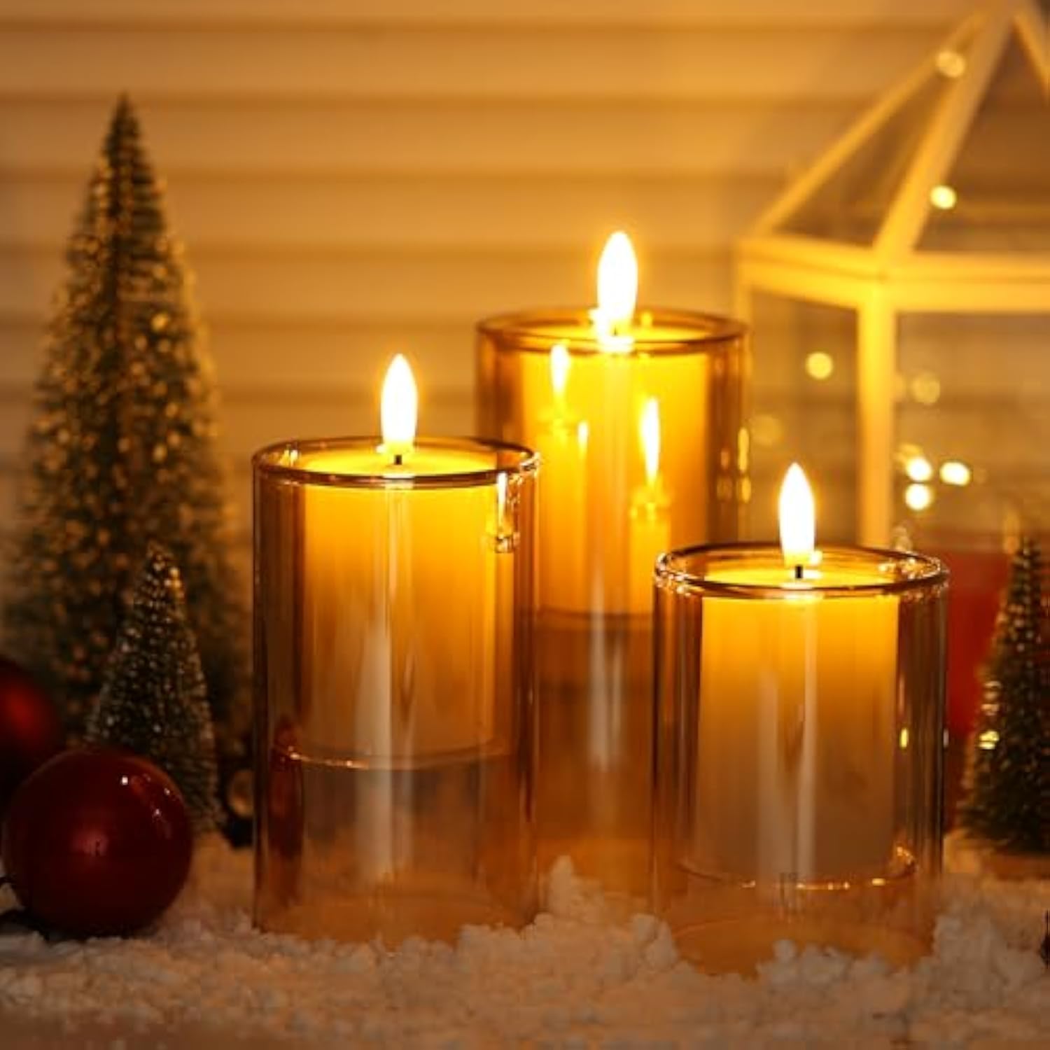 Flameless Candles With Remote Timer - Glass Real Wax 3D Wick Led Pillar Votive Candle Set Battery Operated Flickering Light For Home Christmas Decoration - Gold 3 Pack
