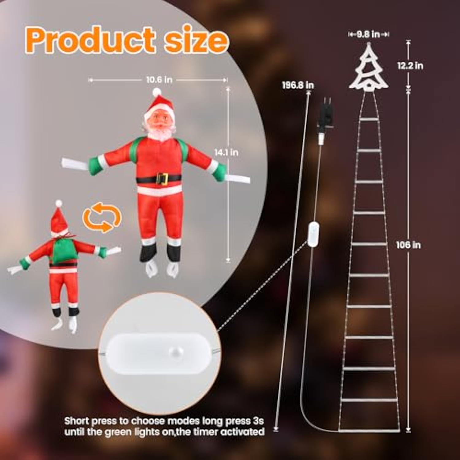 Christmas Ladder Lights With Santa Claus, 248 Led Rope Ladder Light, 8 Lighting Modes & 6H Timer, Waterproof Xmas Decora