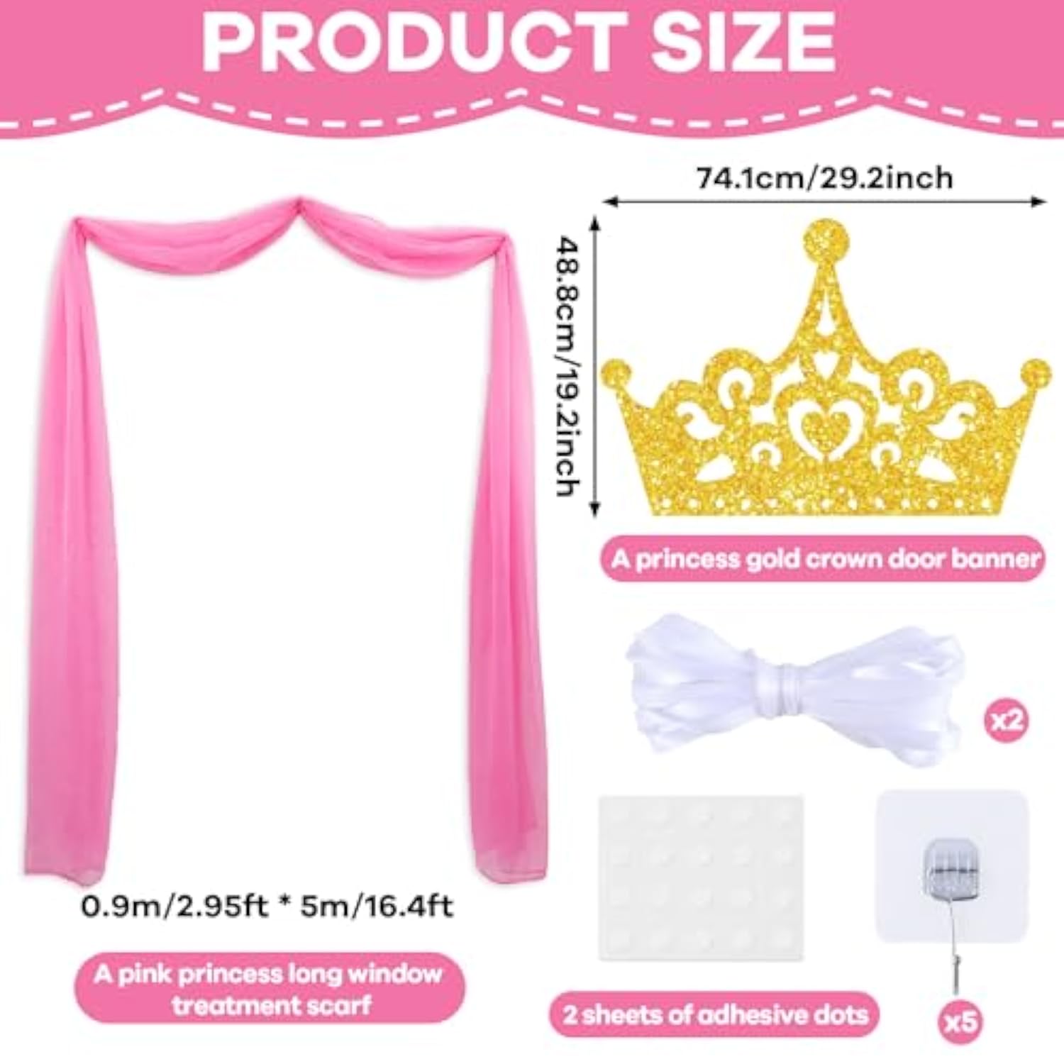 16Ft Princess Party Door Decorations Pink Princess Long Window Treatment Scarves Fabric Gold Crown Door Hanging Banner For Girls Birthday Bachelorette Wedding Photo Booth Props Supplies