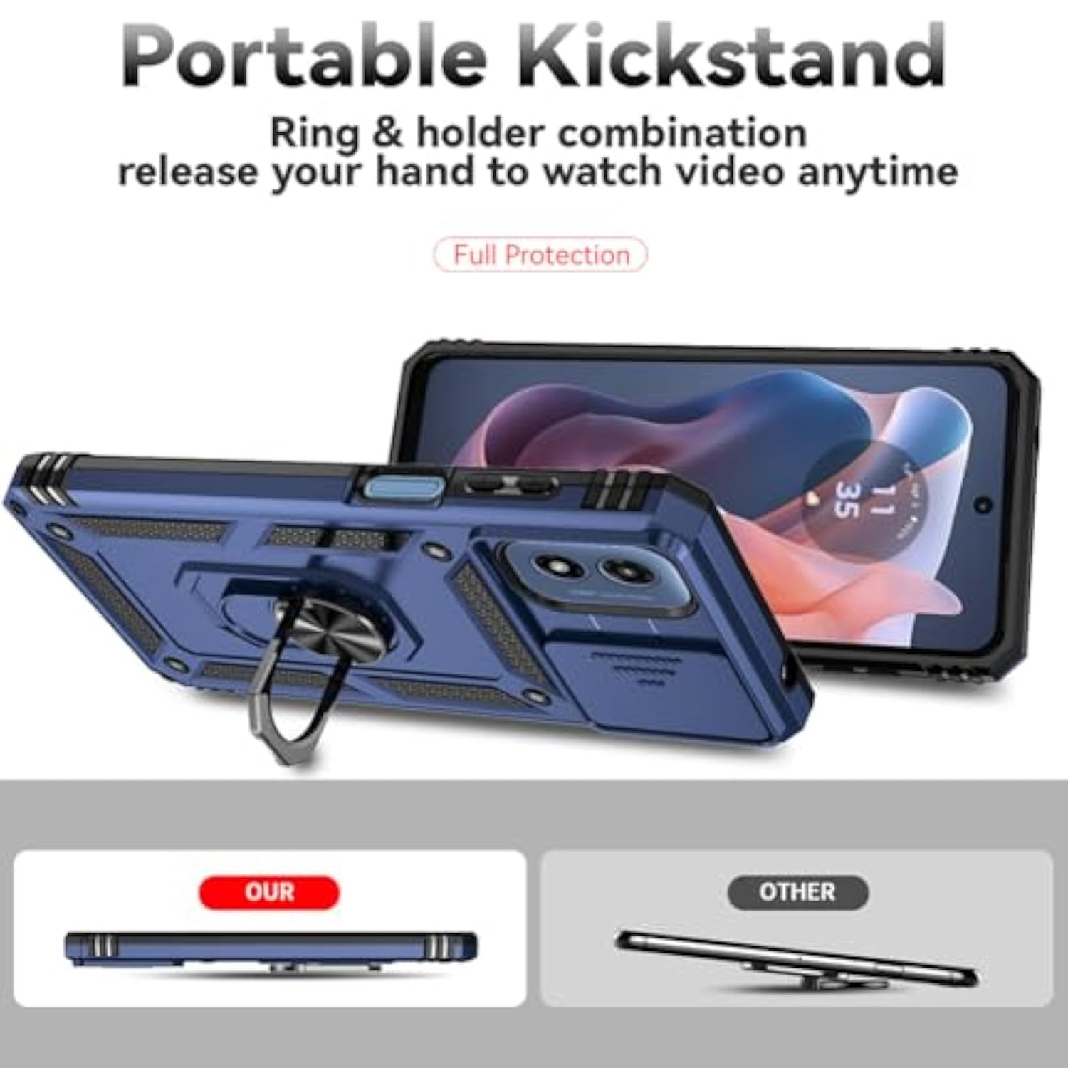 For Moto G Play 2024 Case, Soft Silicone Rubber Bumper Hard Plastic Phone Case With [Sliding Camera Lens Cover] [360° Rotatable Kickstand Ring] [Hd Screen Protector] For Motorola G Play 2024 4G Blue